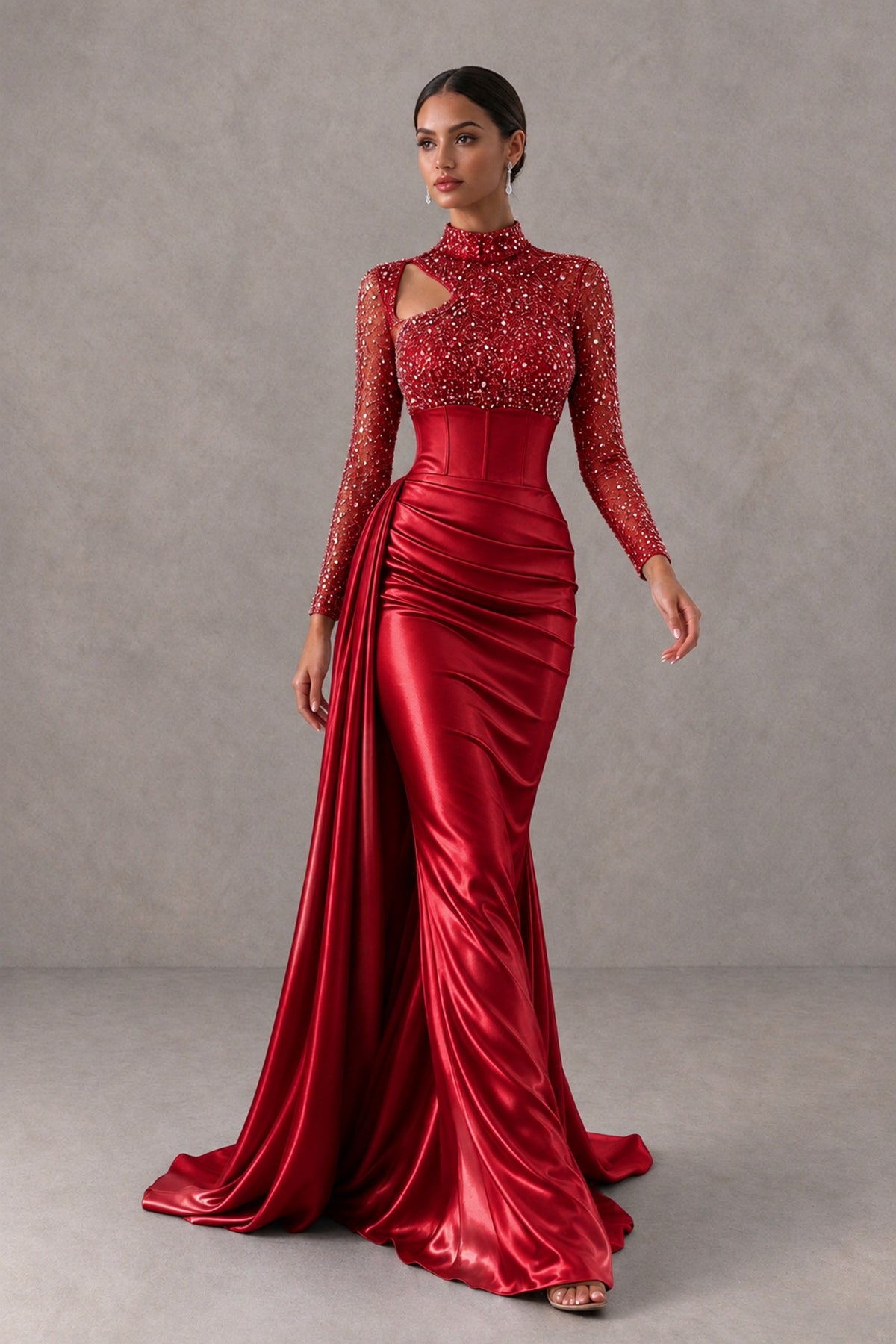 BOLODOO Red Long Sleeve Embellished Satin Mermaid Evening Gown - Red - Red_4