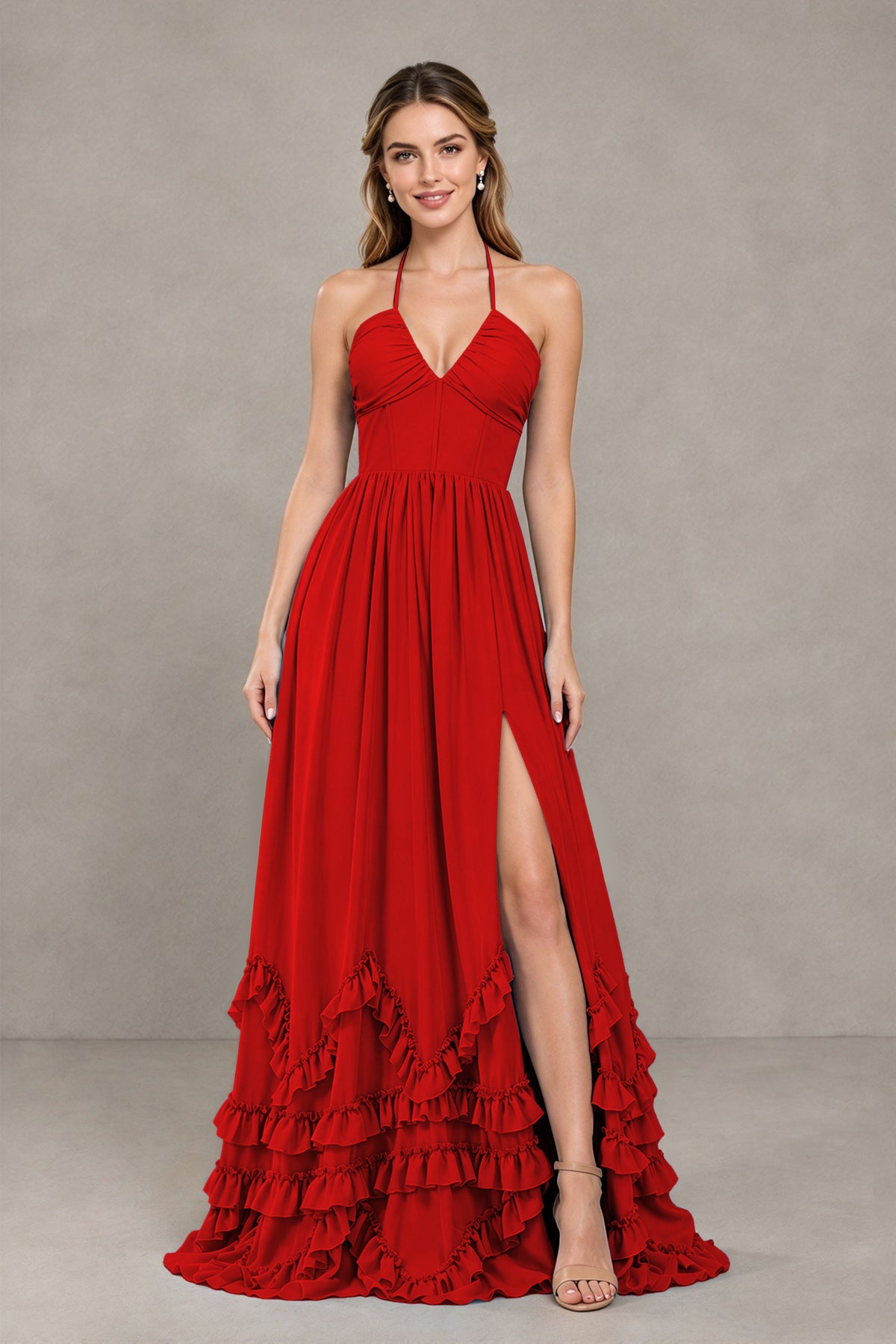 BOLODOO Red Halter Ruffle Hem A-Line Bridesmaid Dress with High Slit - Red - Red(4)
