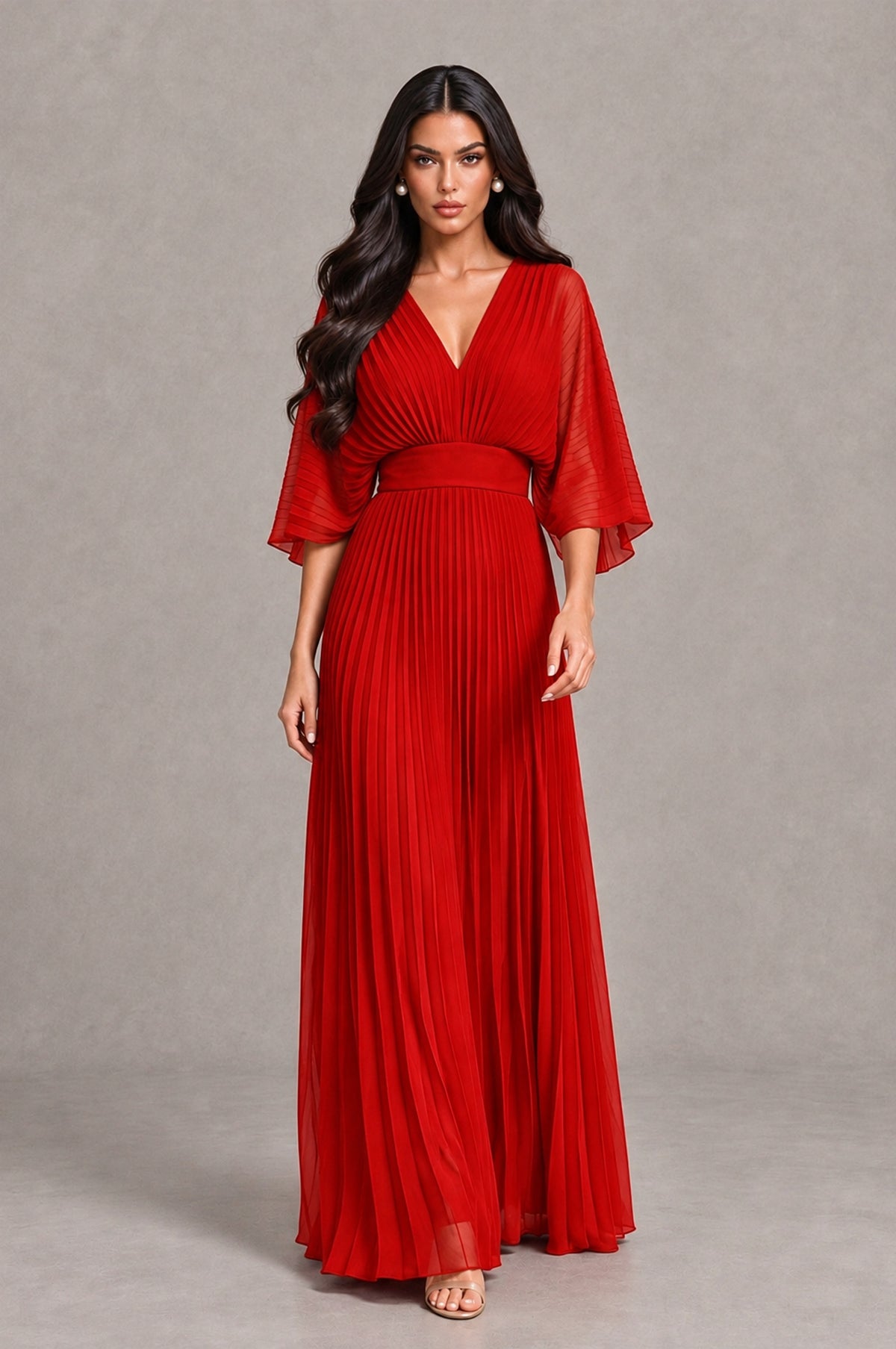 BOLODOO Red V-Neck Pleated Flutter Sleeve Formal Dress - Red - Red_4