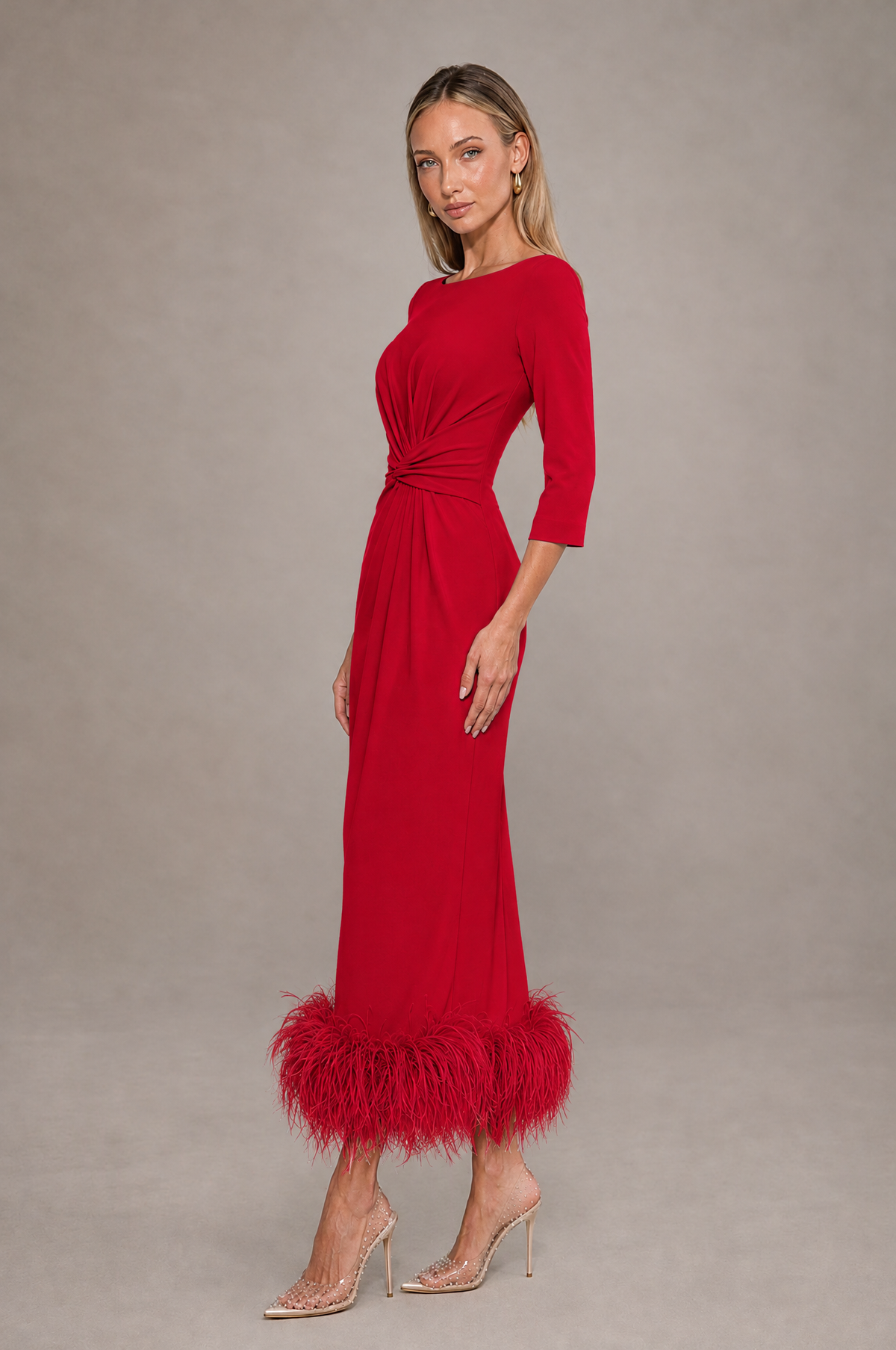 BOLODOO Red Feather-Trim Twist-Waist Midi Dress - Red - Red_4