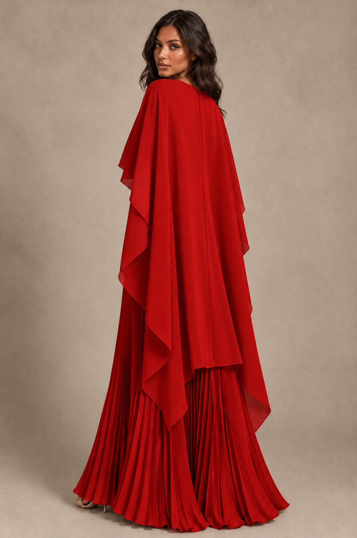 BOLODOO Red Pleated Cape A-Line Evening Dress - Red - Red_4