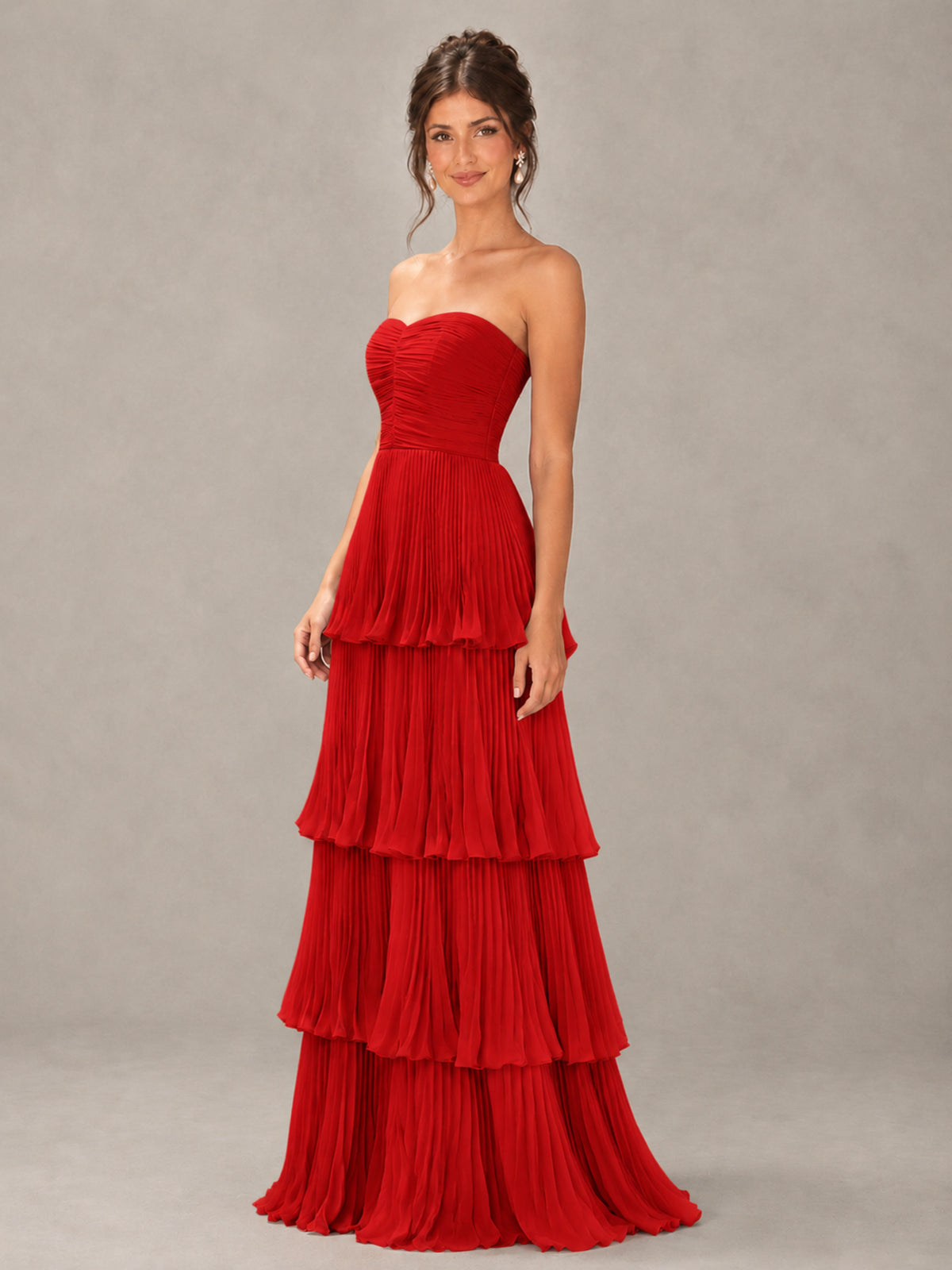 BOLODOO Red Strapless Tiered Pleated Bridesmaid Dress - Red - Red_4