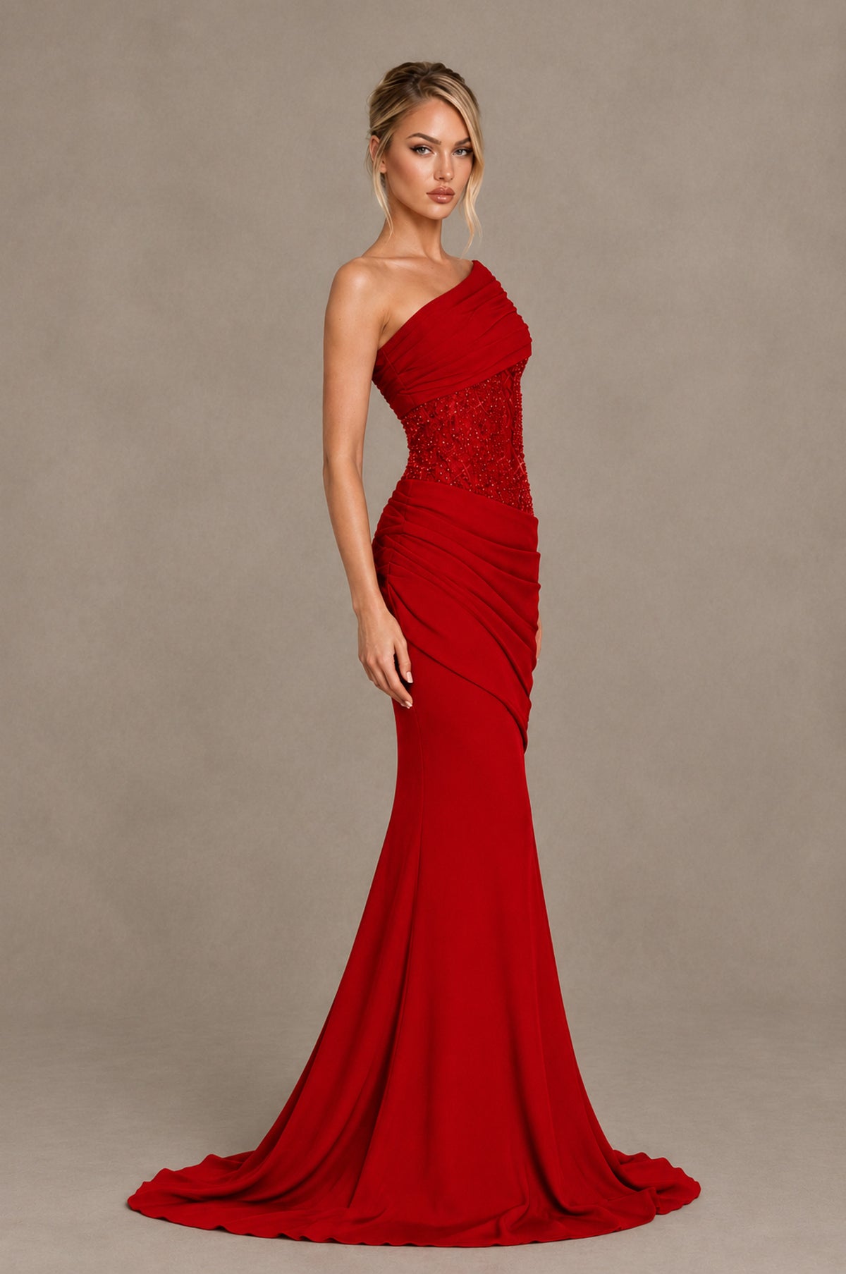 BOLODOO Red One-Shoulder Sequin Embroidered Ruched Mermaid Gown with Train - Red - Red_4