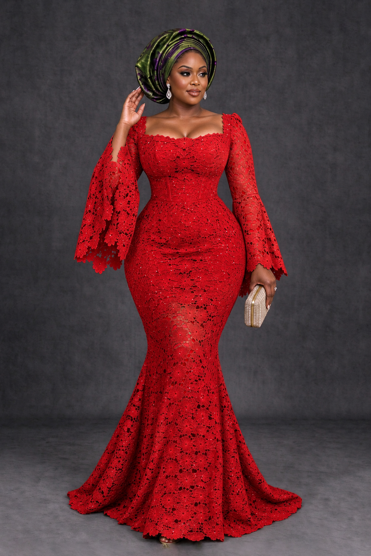 BOLODOO Red African Lace Mermaid Dress, Plus Size Nigerian Wedding Guest Gown with Bell Sleeves - Red - Red_4