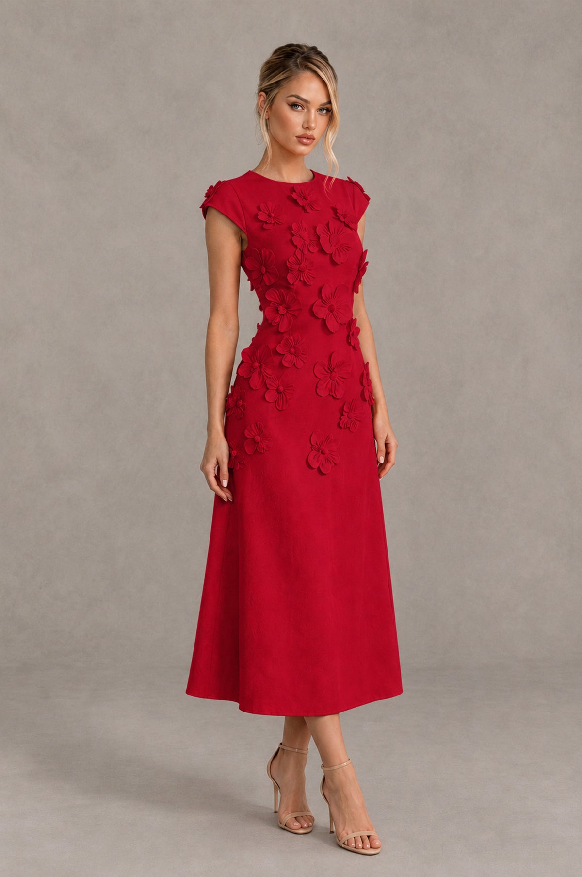 BOLODOO Red 3D Floral Cap Sleeve Midi Cocktail Dress - Red - Red_4