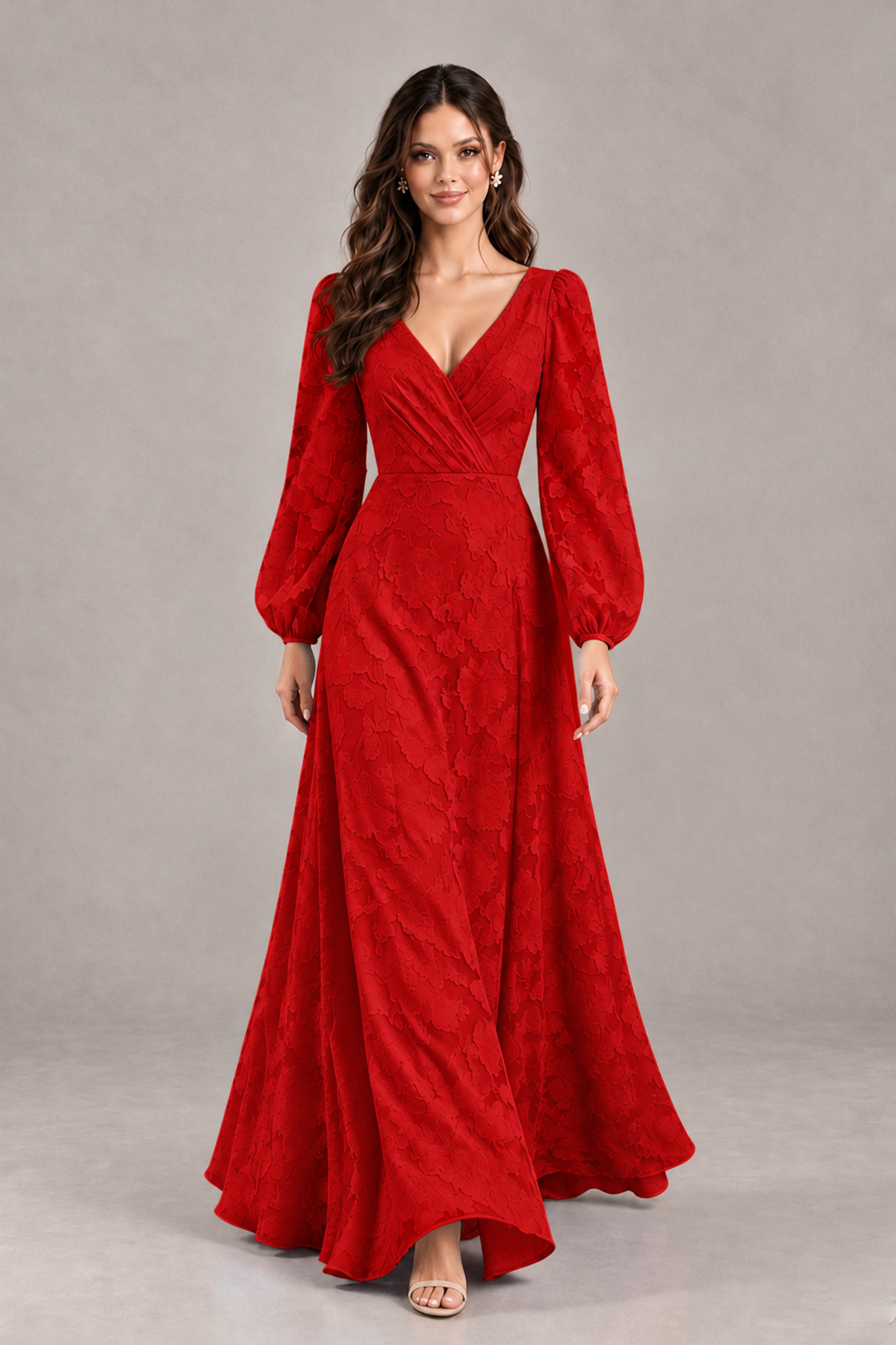 BOLODOO Red Long Sleeve V-Neck A-Line Mother of the Bride Dress - Red - Red_4