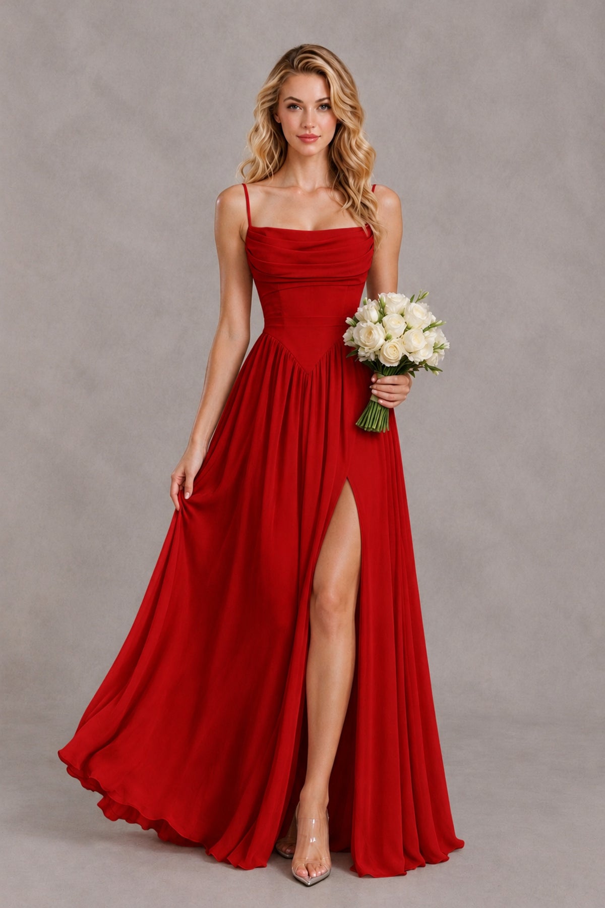 BOLODOO Red Spaghetti Strap A-Line Bridesmaid Dress with Slit - Red - Red_4