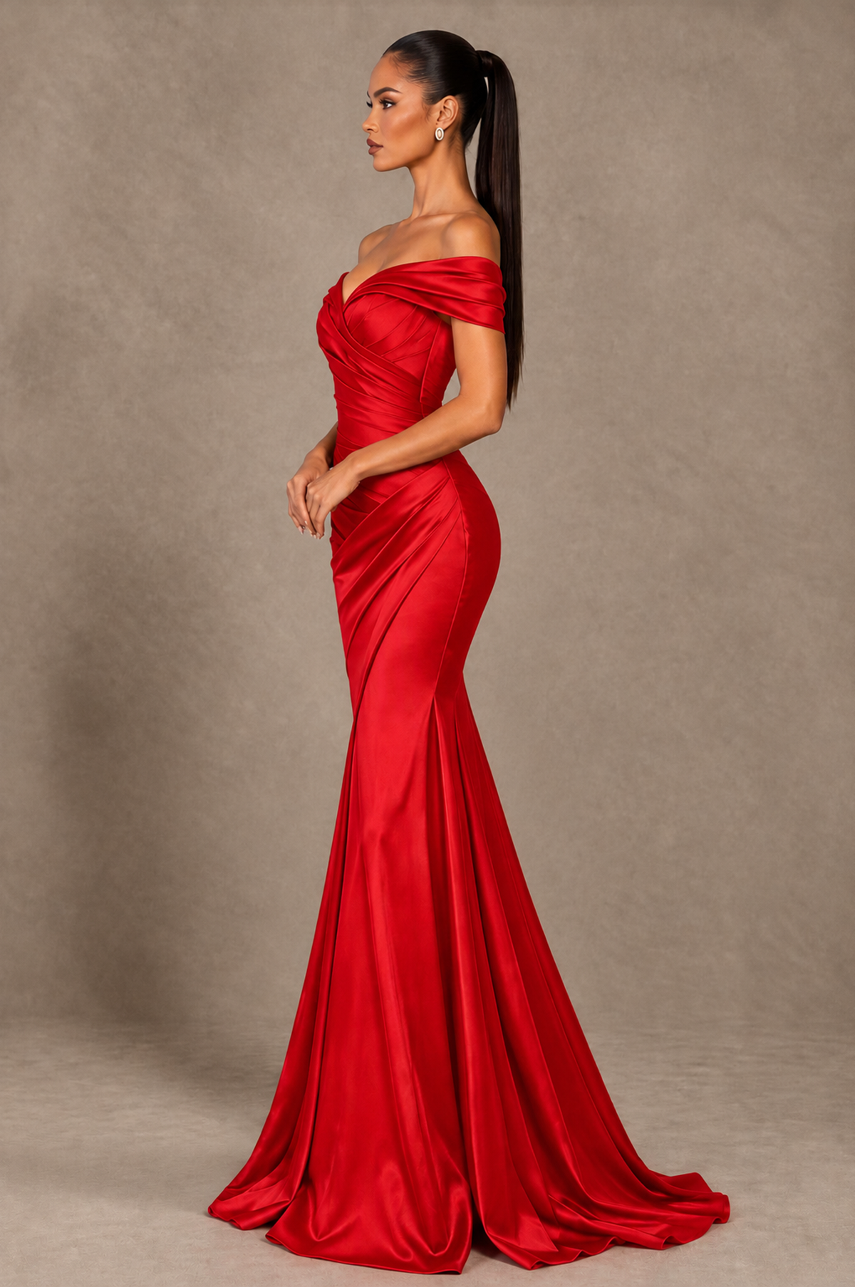 BOLODOO Red Off-the-Shoulder Ruched Satin Mermaid Evening Dress - Red - Red_4