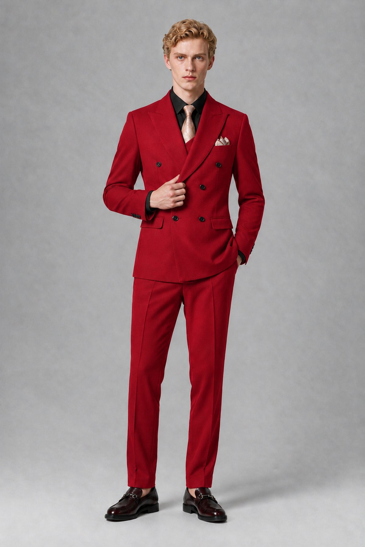 BOLODOO Men's Red Double-Breasted Two-Piece Suit – Jacket & Trousers - Red