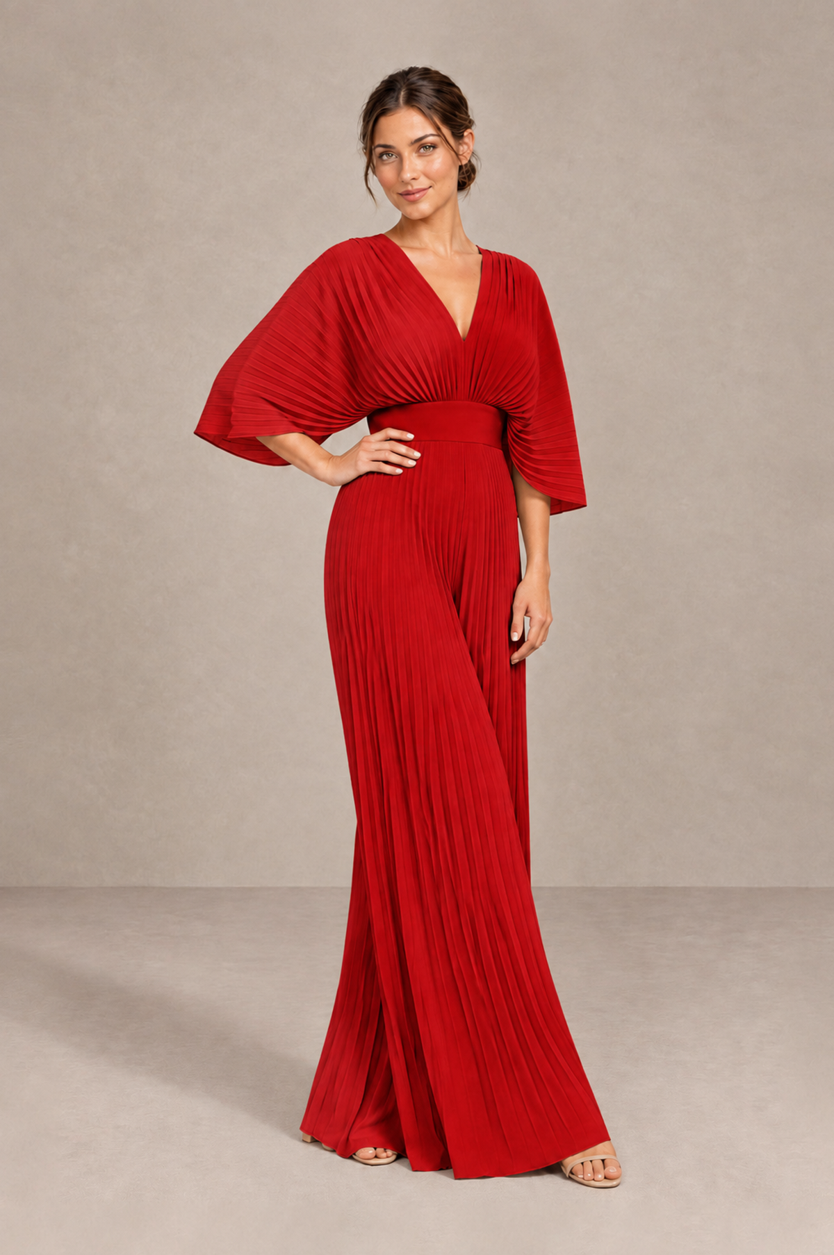 BOLODOO Red Pleated Wide-Leg Mother of Bride Pantsuit with V-Neck Chiffon Maxi Gown - Red - Red_4