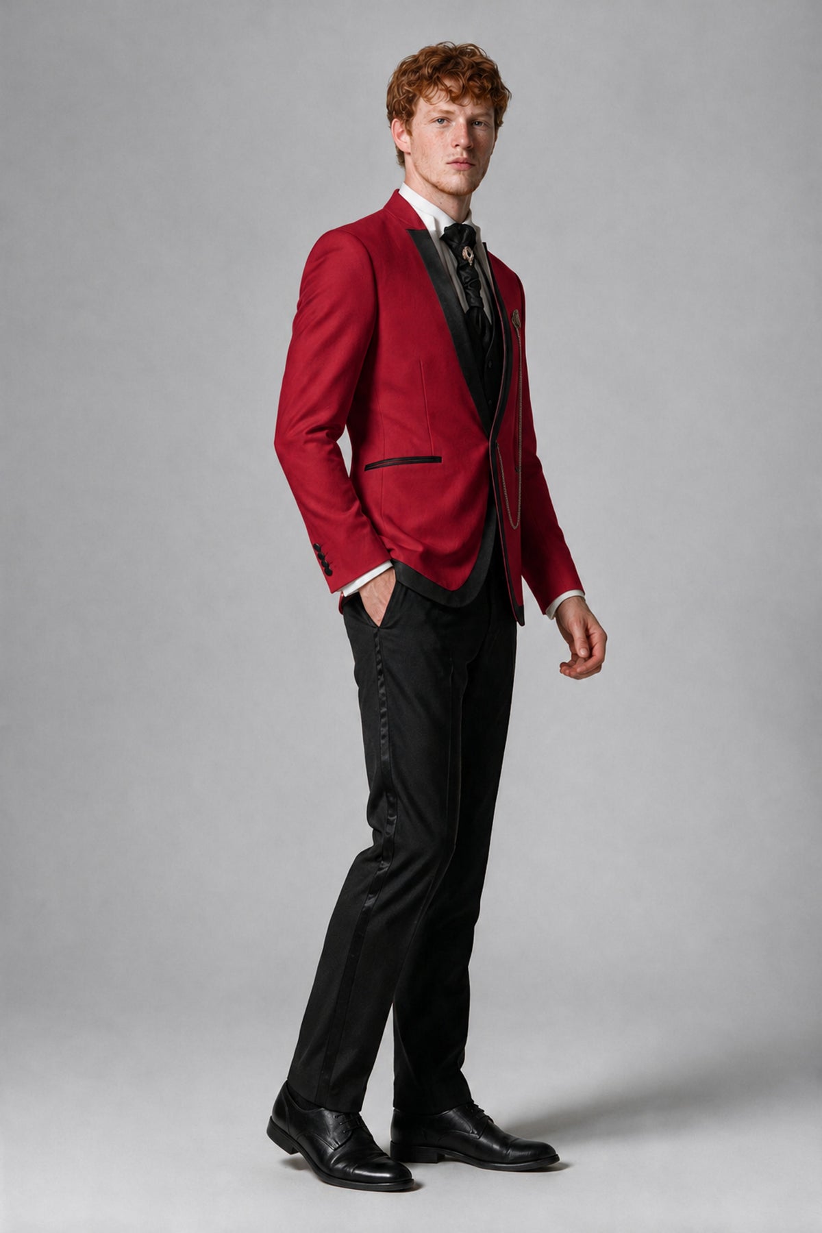 Bolodoo Men's Red 3-Piece Shawl Lapel Tuxedo Suit with Vest - Red - Red_4
