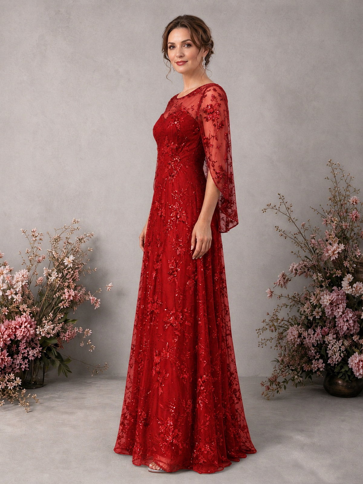 BOLODOO Red Sequin Lace Cape Sleeve Formal Evening Gown - Red - Red_4