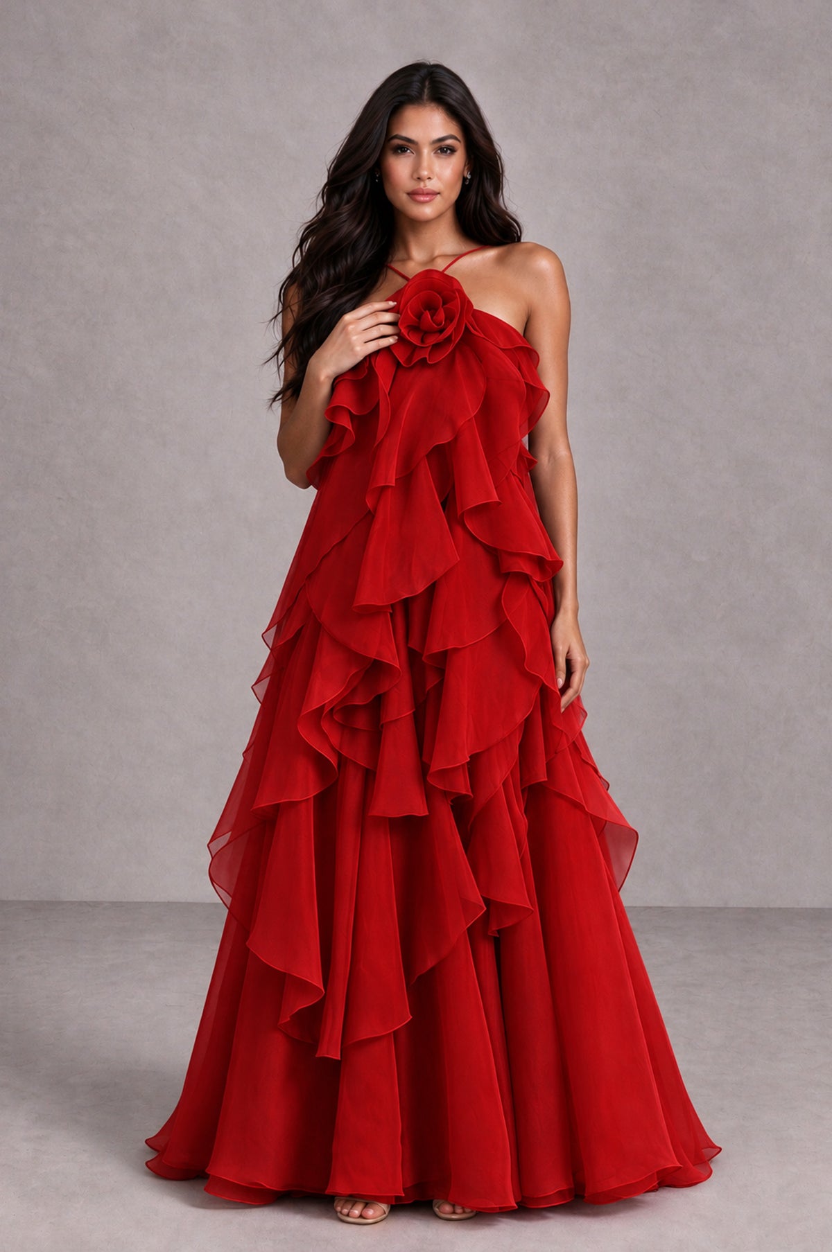 BOLODOO Red Cascading Ruffle Rosette Open-Back Maxi Dress - Red - Red_4