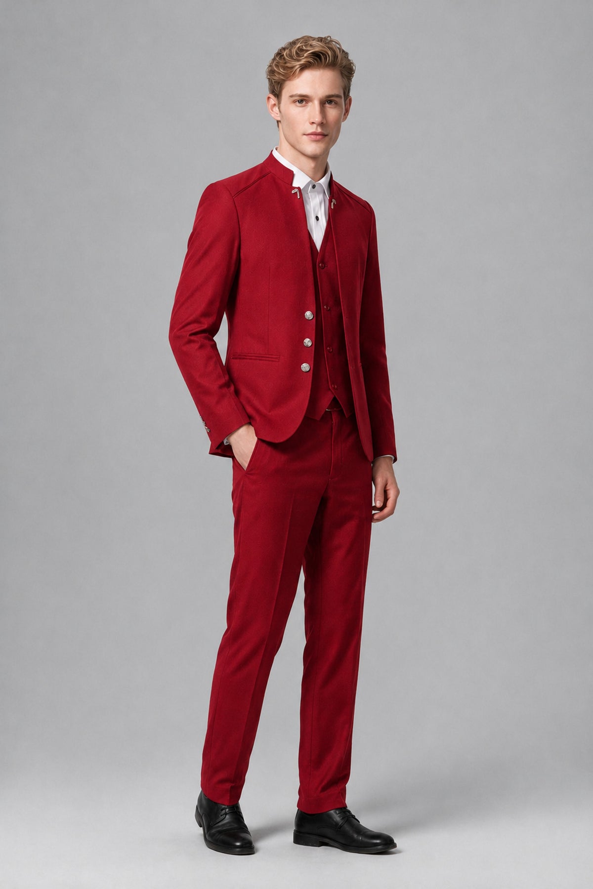 Bolodoo Men's Red Mandarin Collar 3-Piece Suit – Jacket, Vest & Trousers - Red - Red_4