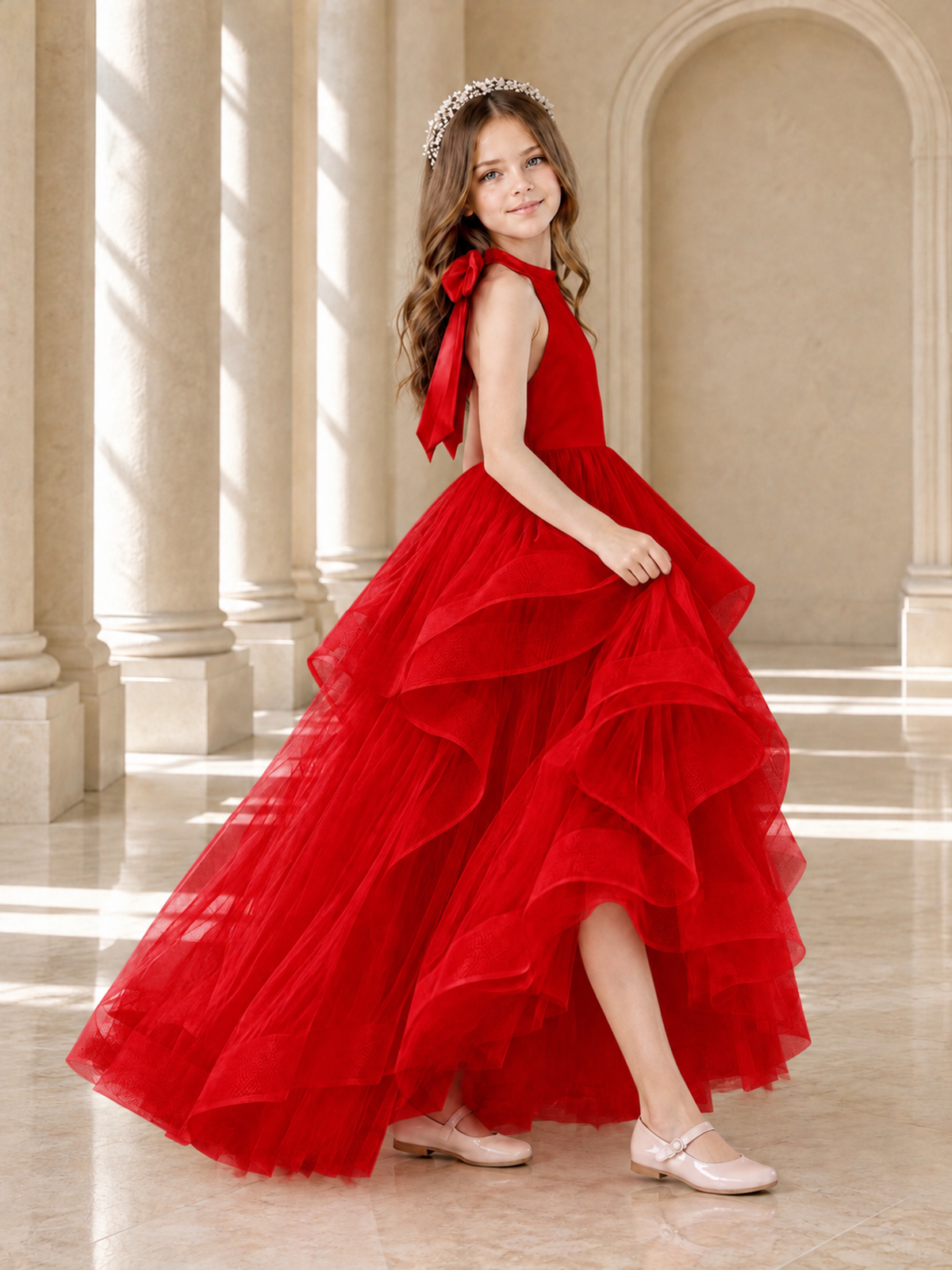 BOLODOO Red Halter Tiered Tulle Flower Girl Dress with Bow Back - Red - Red_4