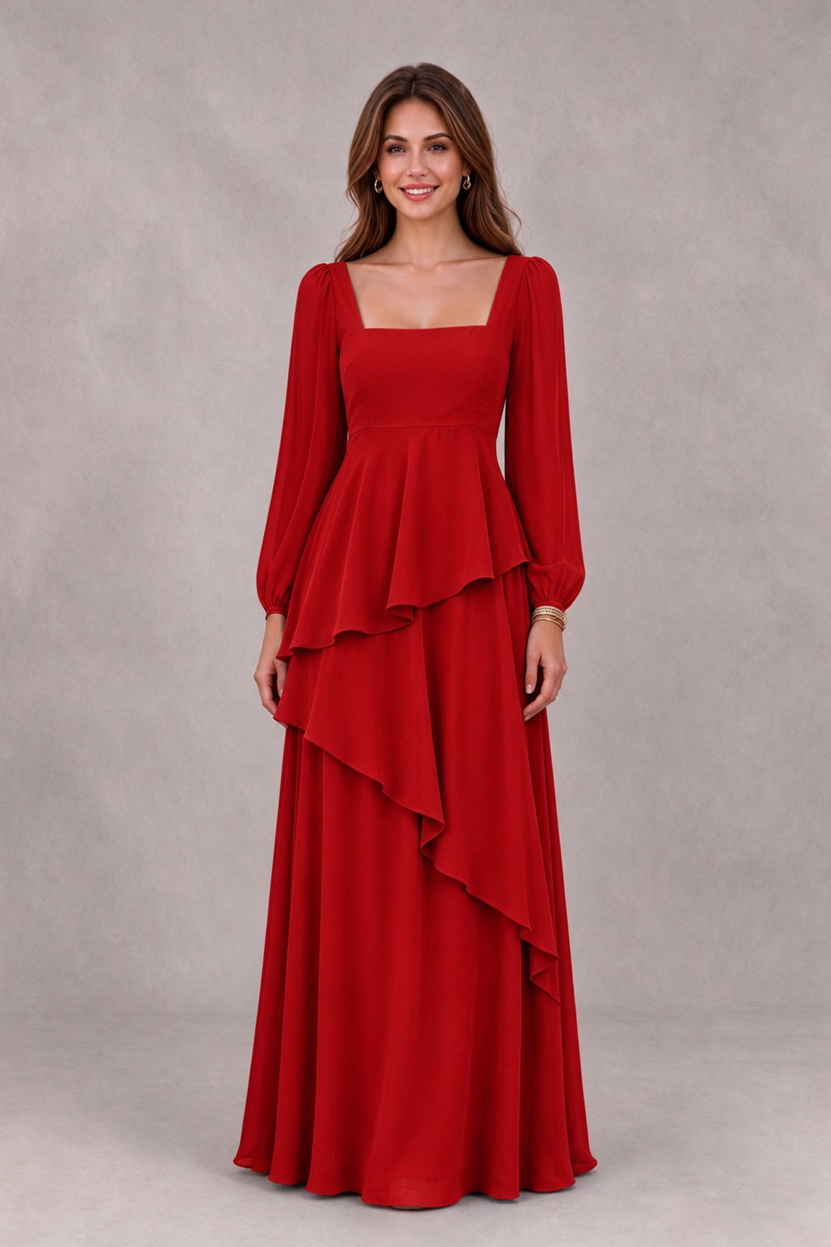 BOLODOO Red Long Sleeve Ruffle Bridesmaid Dresses - Red - Red_4