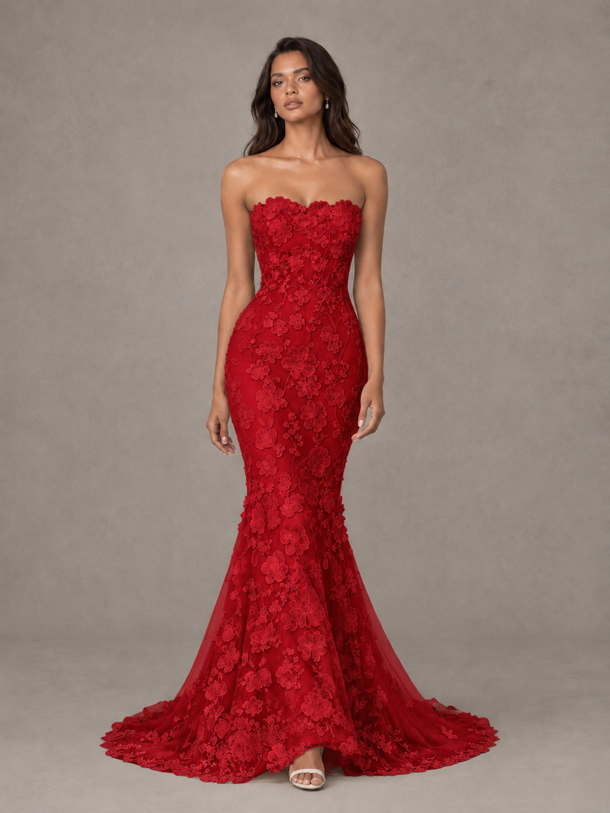 BOLODOO Red Strapless 3D Floral Lace Mermaid Prom Dress with Train - Red - Red_4