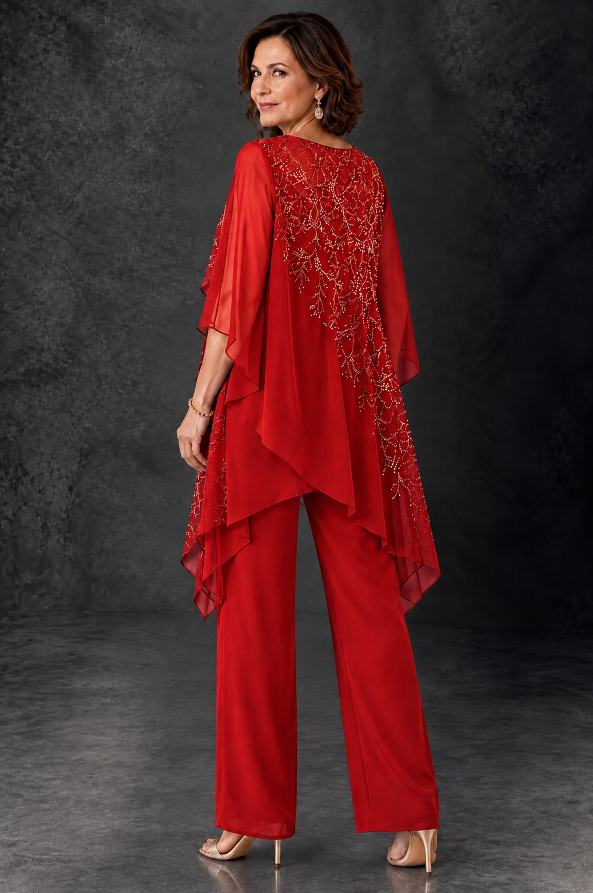 BOLODOO Red Embellished Cape Pant Suit for Mother of the Bride - Red - Red_4