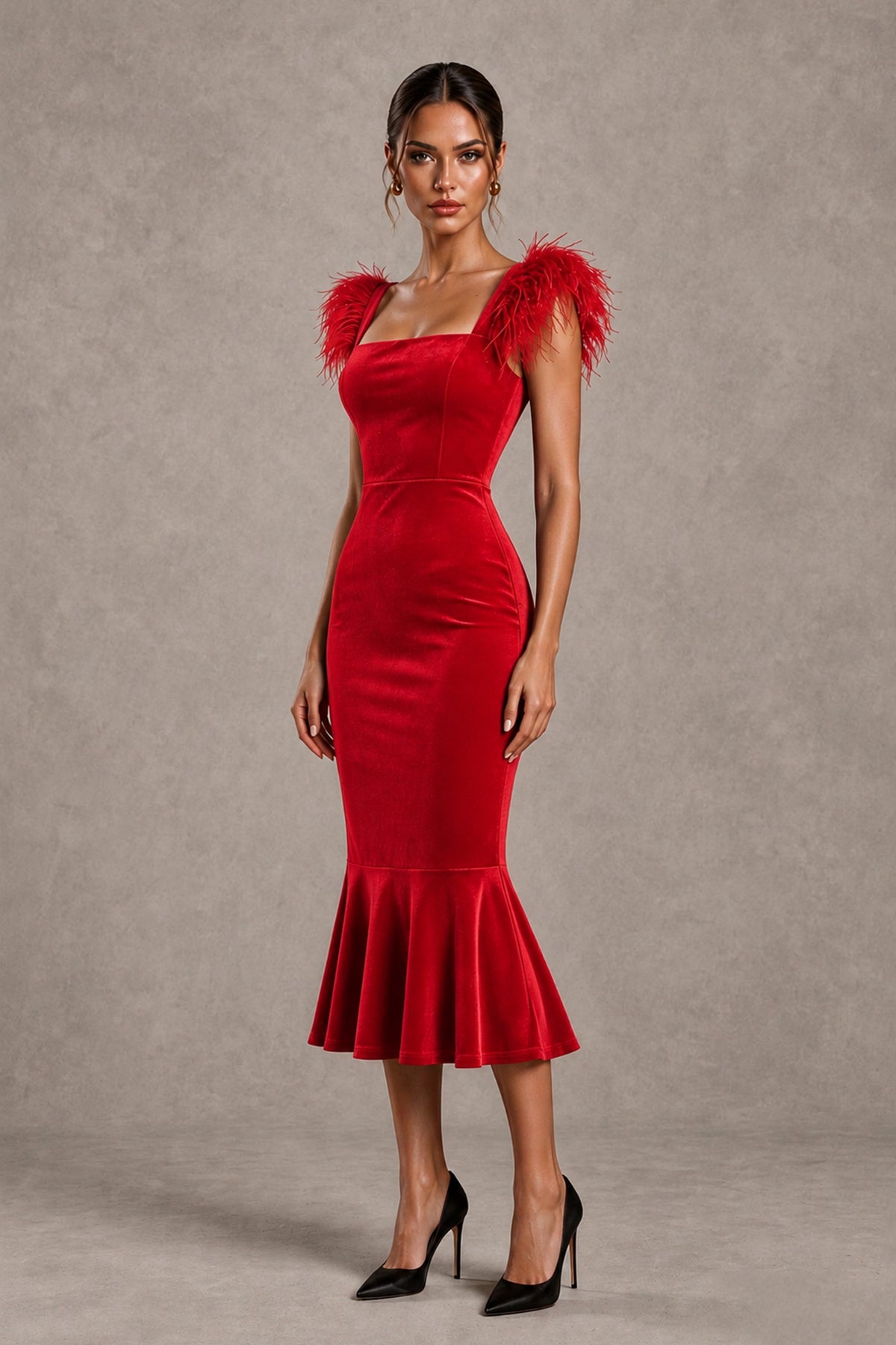 BOLODOO Red Feather-Trim Velvet-Look Mermaid Midi Dress - Red - Red_4
