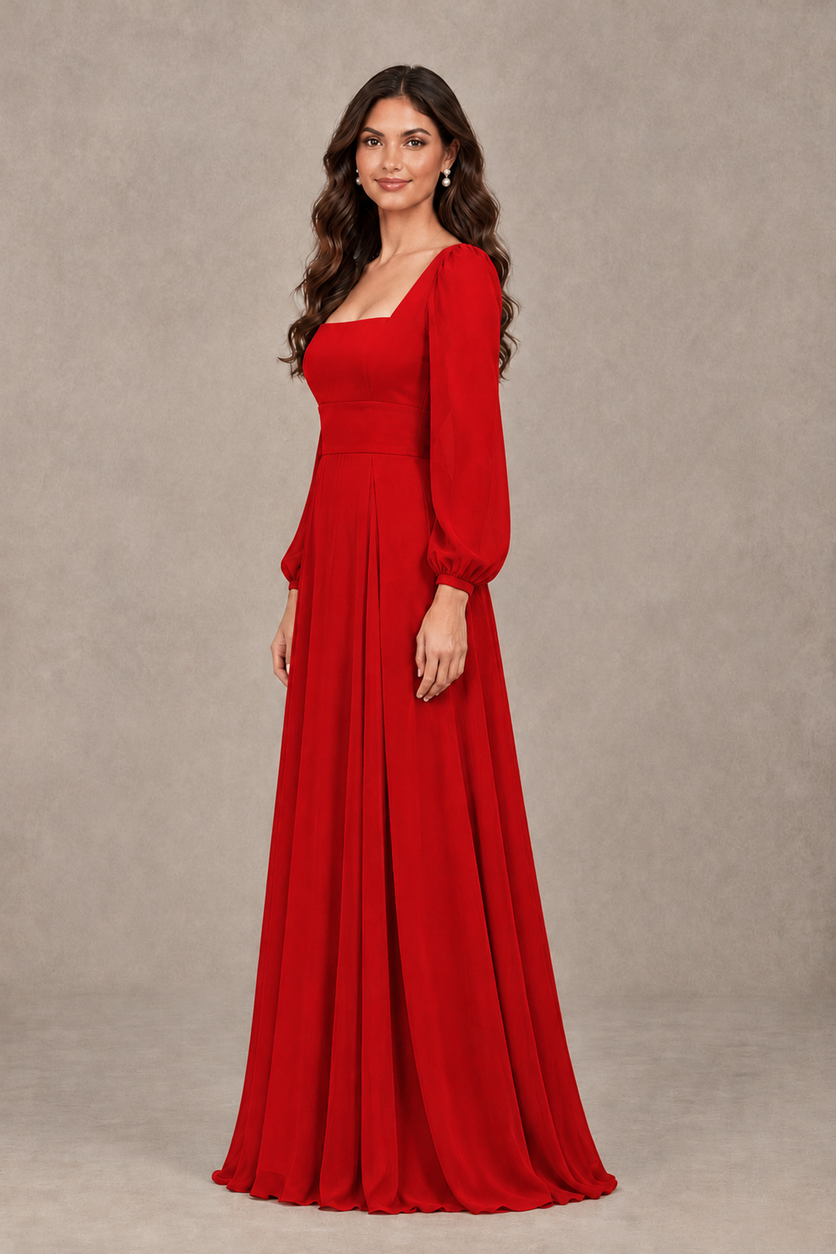 BOLODOO Red Square Neck Long Sleeve A-Line Bridesmaid Dress - Red - Red_4