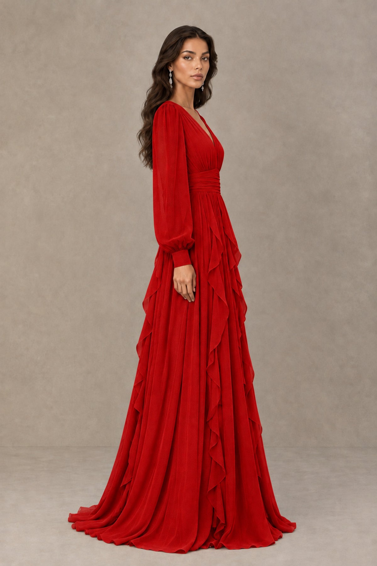 BOLODOO Red Long Sleeve V-Neck Ruffle Maxi Dress - Red