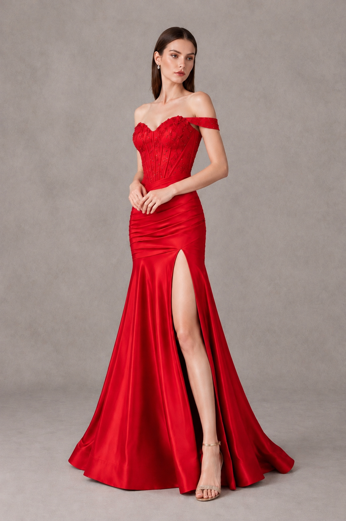 BOLODOO Red Off-Shoulder Corset Mermaid Prom Dress with Slit Sequin Lace Evening Gown - Red - Red_4