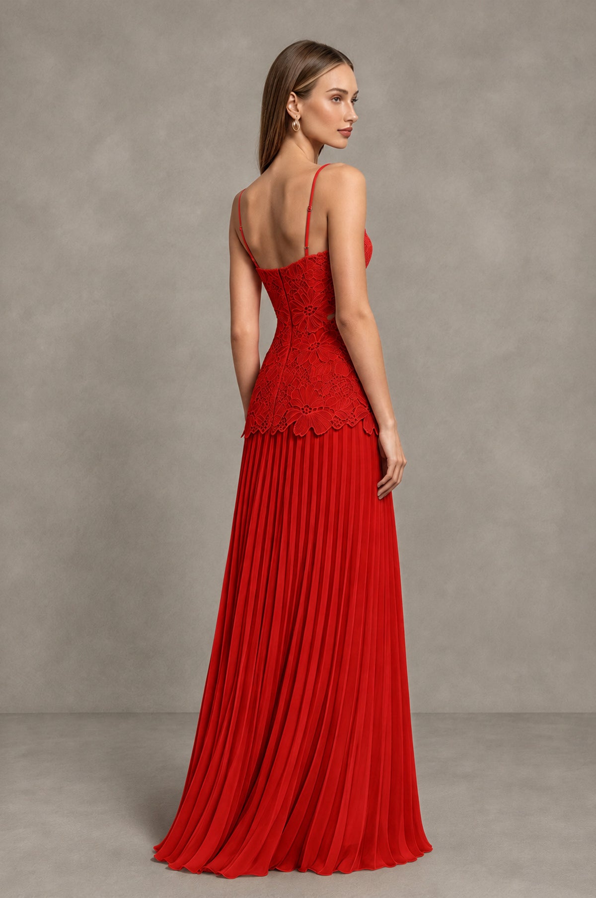 BOLODOO Red Lace Bodice Pleated Wedding Guest Dress - Red - Red_4