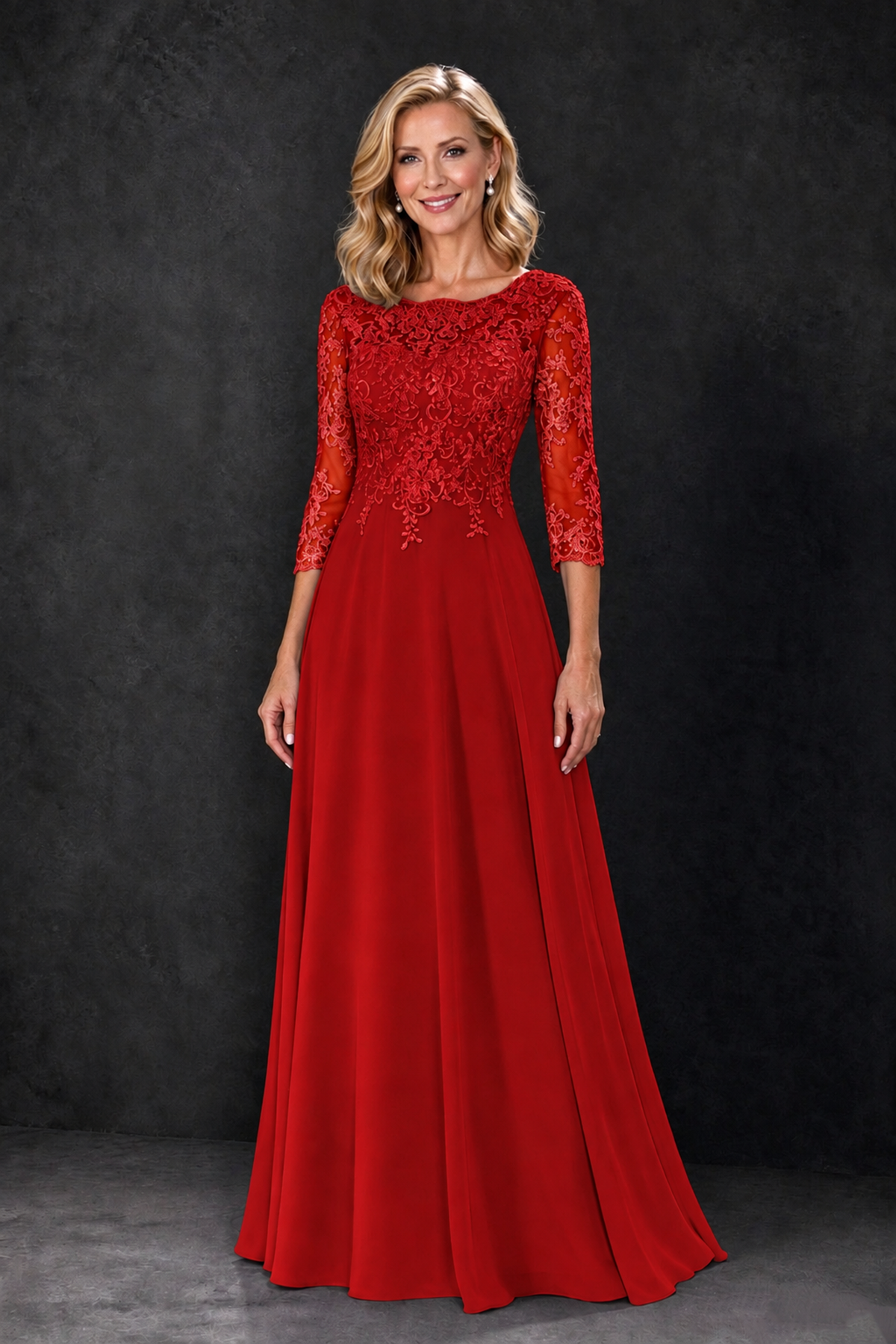 BOLODOO Red Lace Embroidered Mother of the Bride Dress with 3/4 Sleeves - Red - Red_4