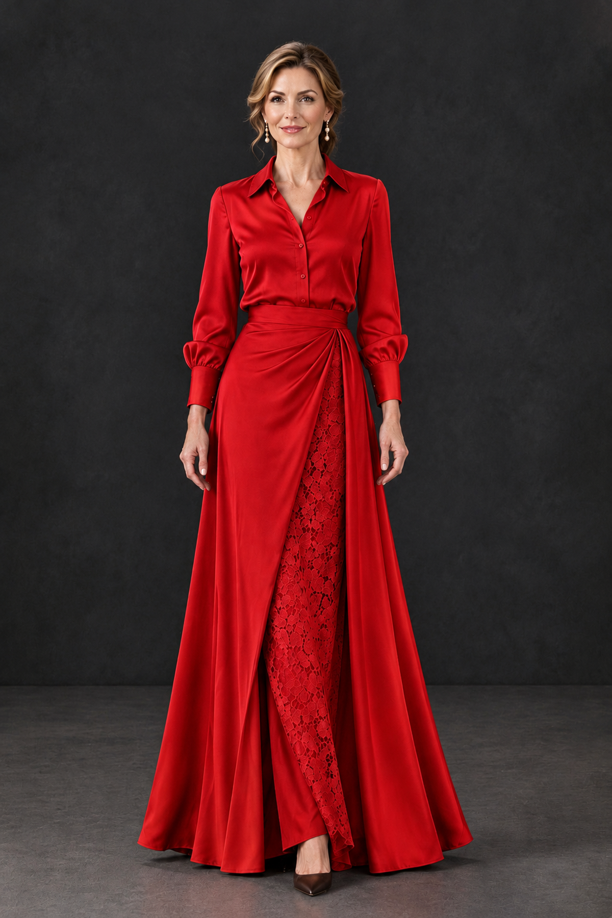 BOLODOO Red Long Sleeve Satin-Look Lace Panel Gown - Red - Red_4