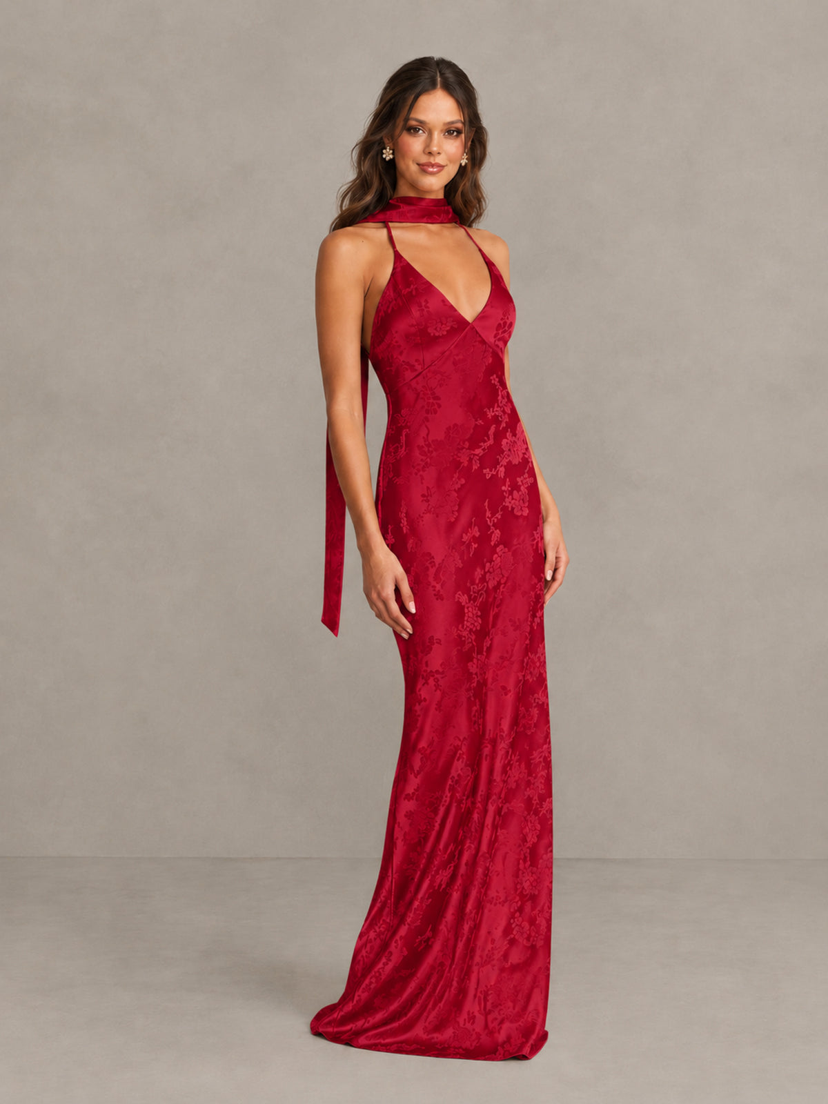 BOLODOO Red Floral Satin Open-Back Bridesmaid Dress - Red - Red_4