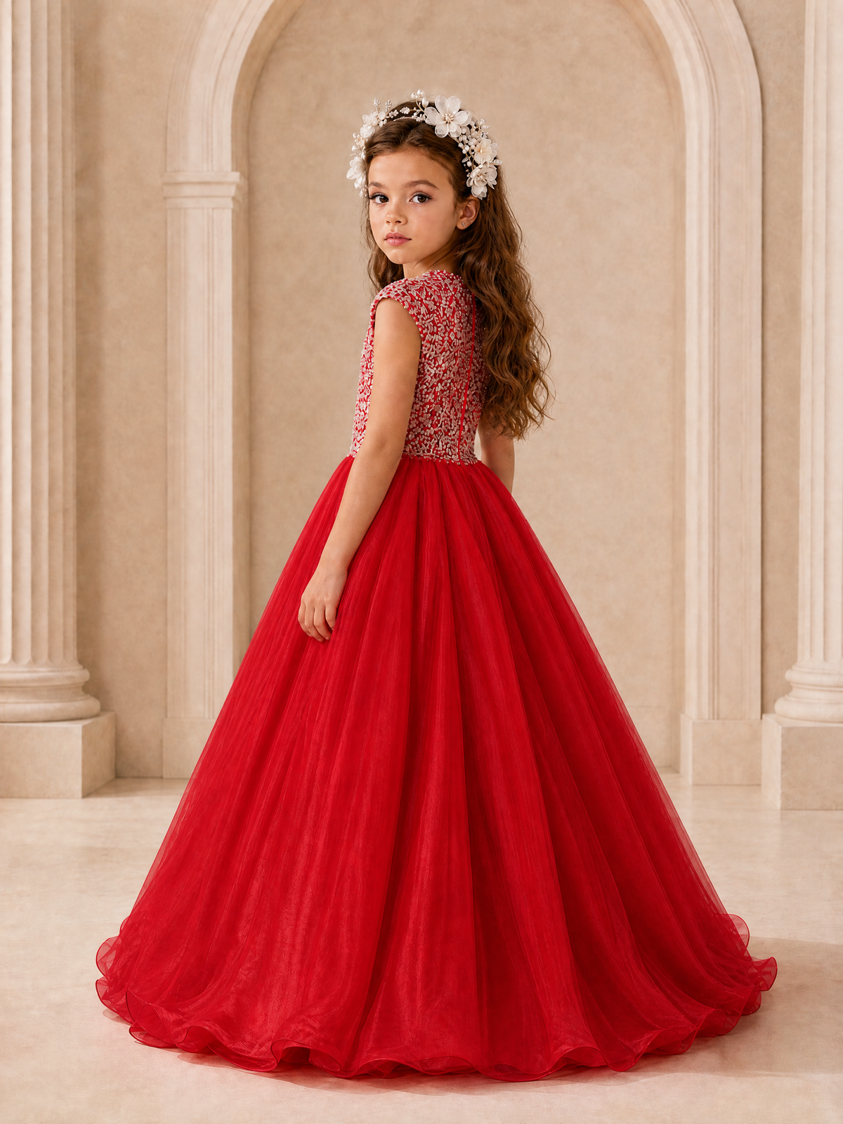 BOLODOO Red Sequin Tulle Flower Girl Dress with Cap Sleeves - Red - Red_4