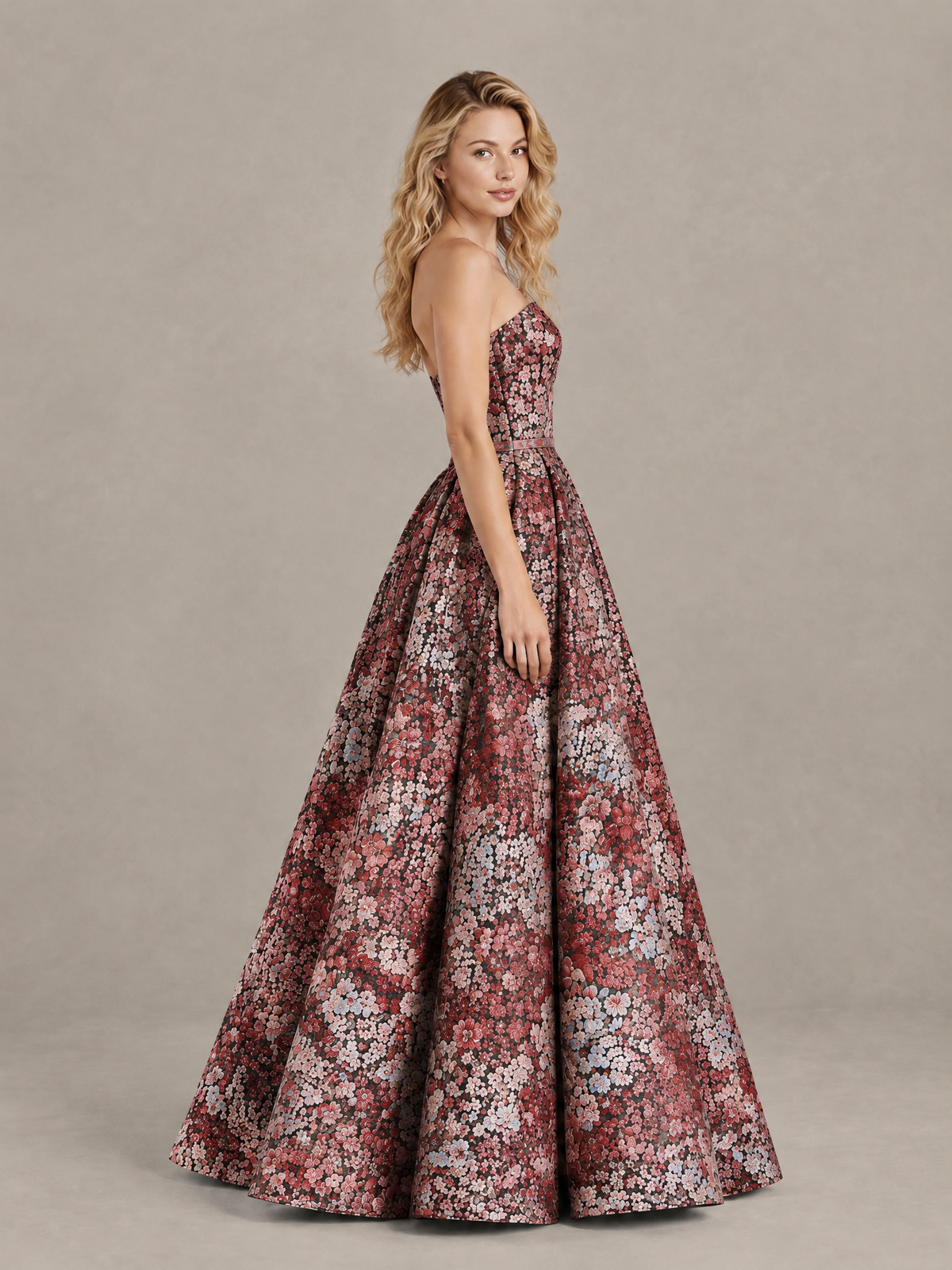 BOLODOO Red Grey Floral Strapless A-Line Evening Gown - Red - Red(4)
