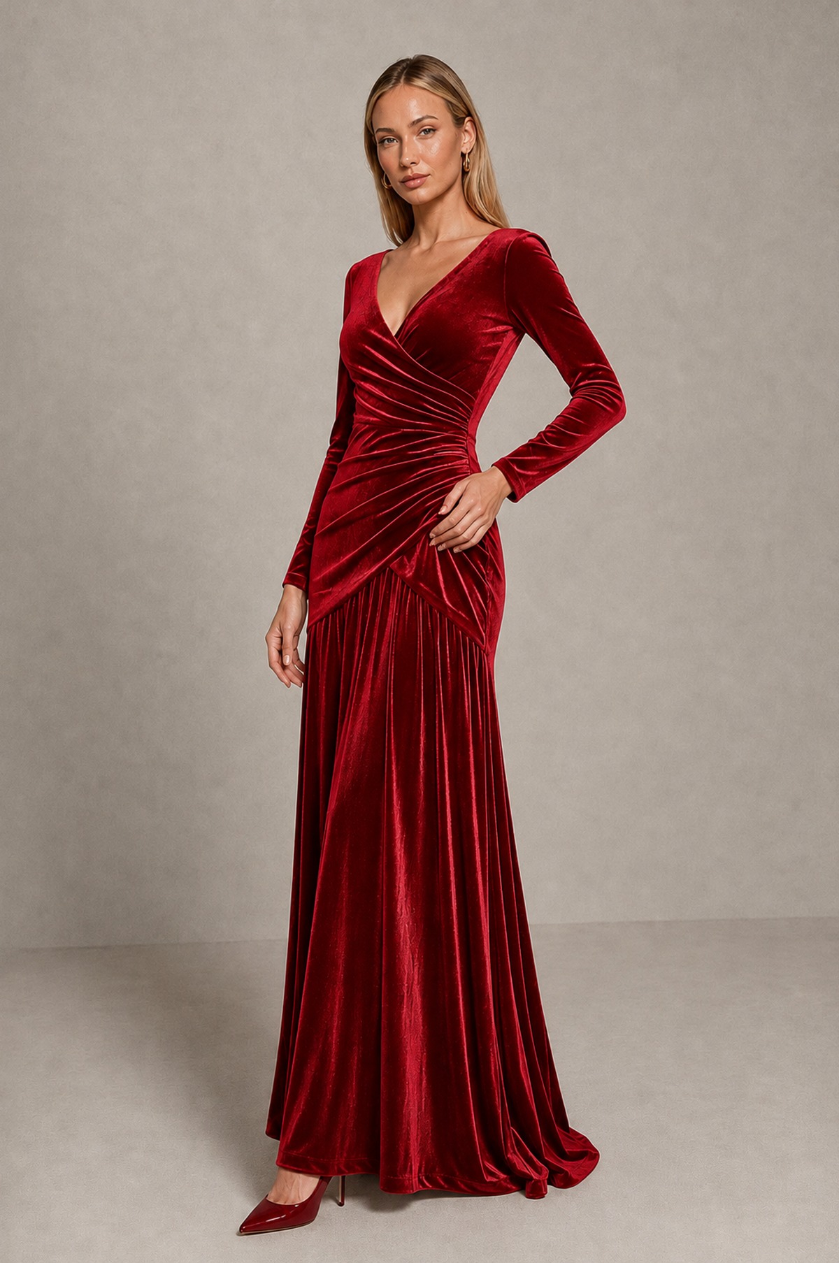 BOLODOO Red Velvet Long Sleeve V-Neck Ruched Evening Dress - Red - Red_4