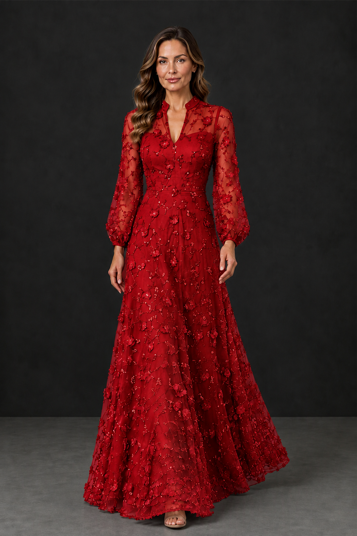 BOLODOO Red Long Sleeve Floral Mother of the Bride Dress - Red - Red_4