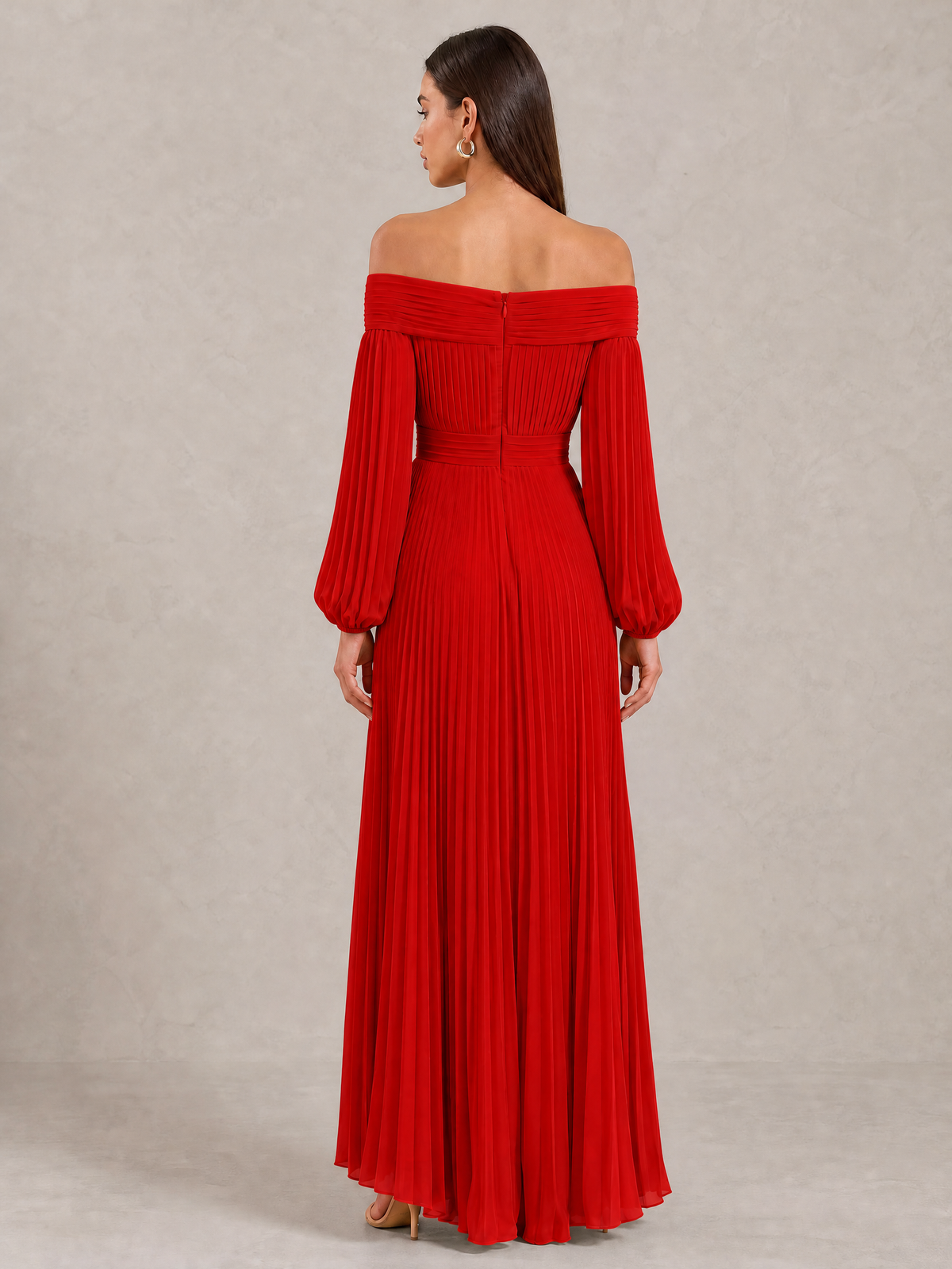 BOLODOO Red Off-Shoulder Long Sleeve Pleated High-Low Dress - Red - Red_4