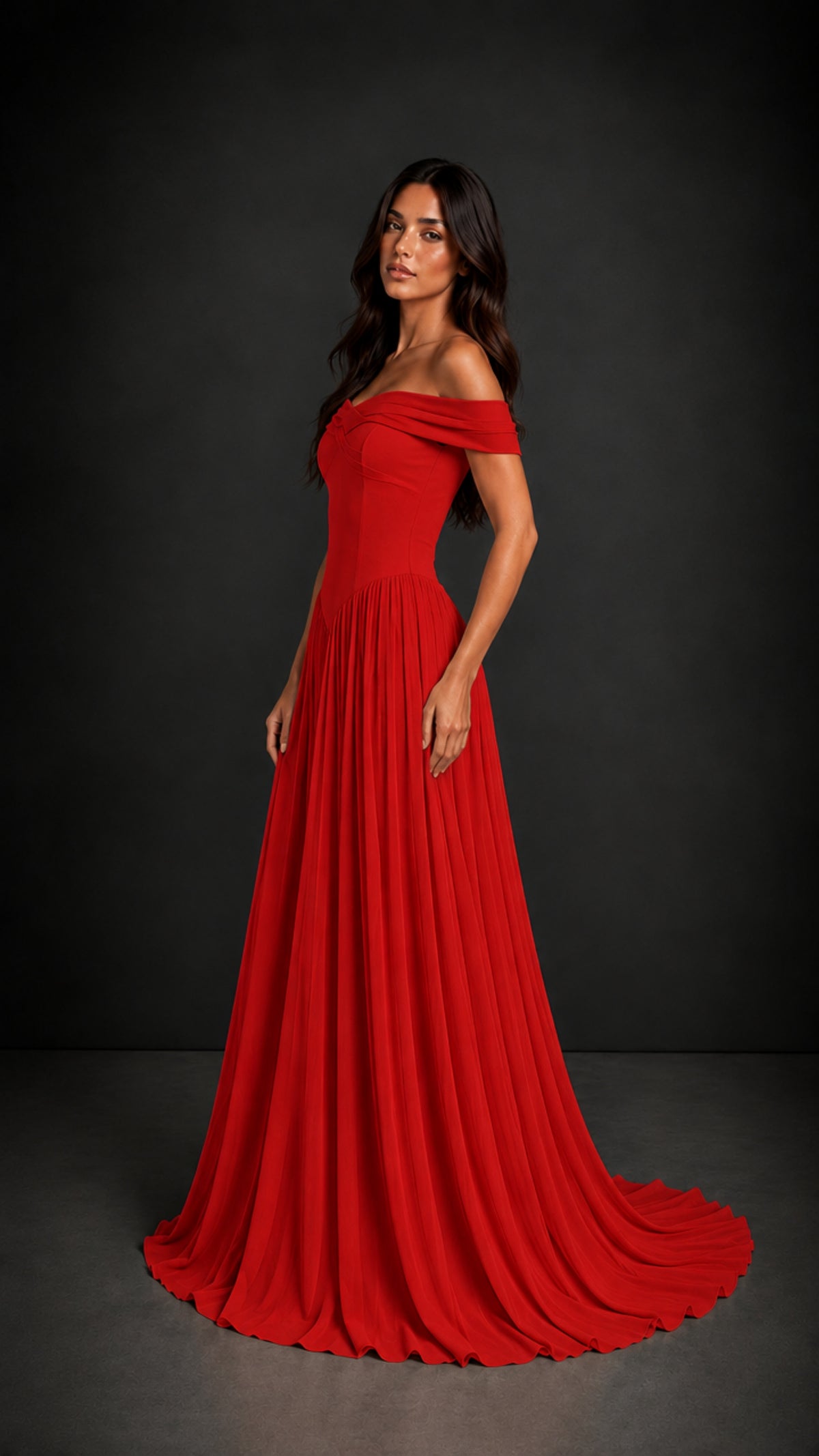 BOLODOO Red Off-Shoulder Sweetheart Corset Pleated Chiffon Maxi Dress - Red