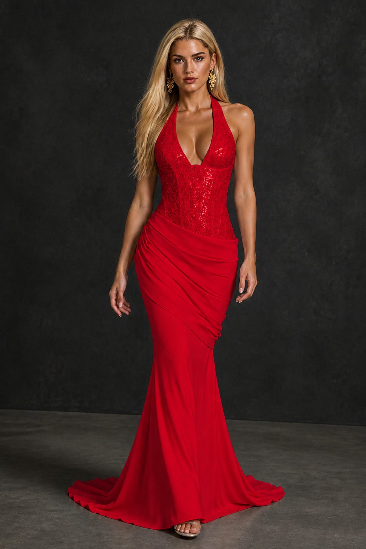 BOLODOO Red Halter Mermaid Gown – Deep V Open Back Sequin Formal Evening Dress with Train - Red
