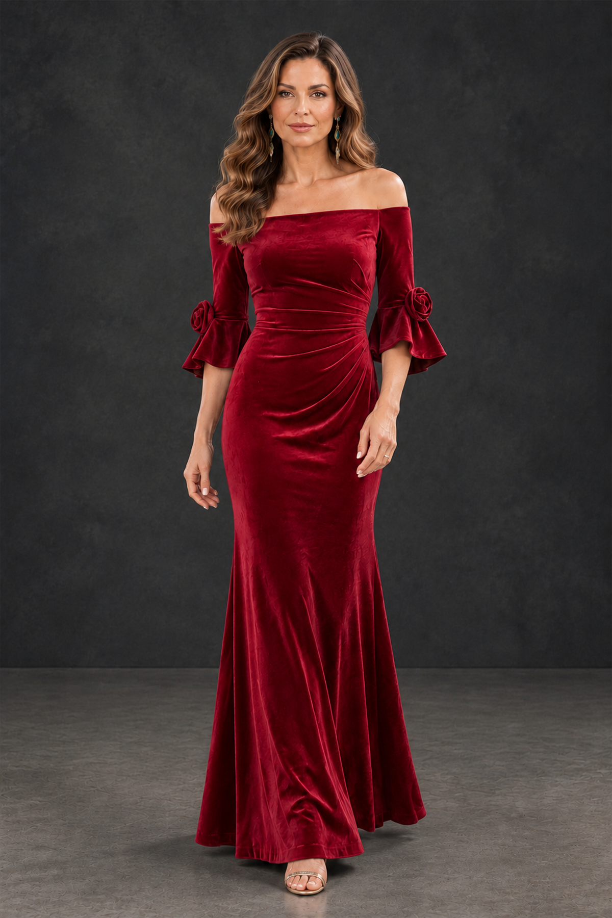 BOLODOO Red Velvet Mother of the Bride Dress with Rosette Sleeves - Red - Red_4
