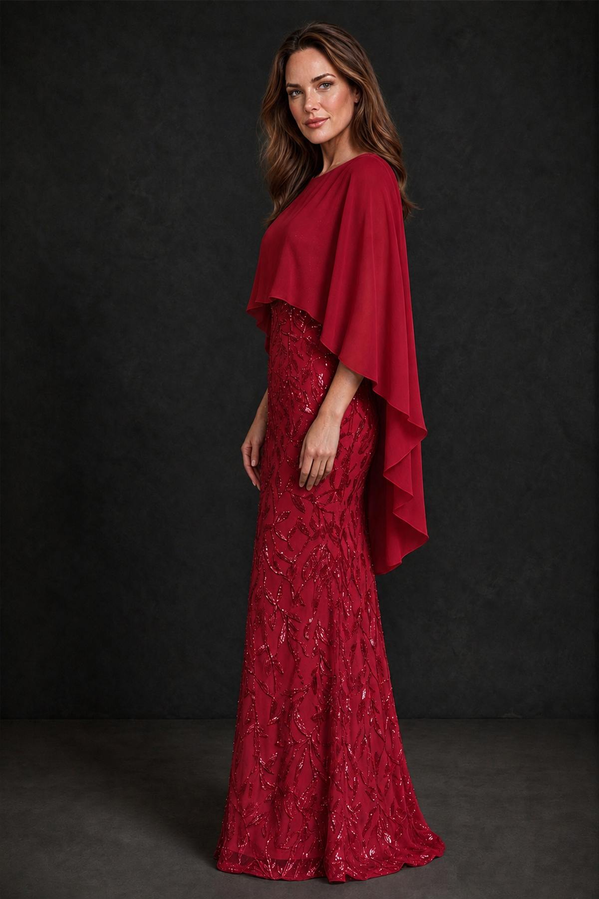 BOLODOO Red Round Neck Chiffon Cape Overlay Sequin Lace Mermaid Maxi Dress - Red - Red_4