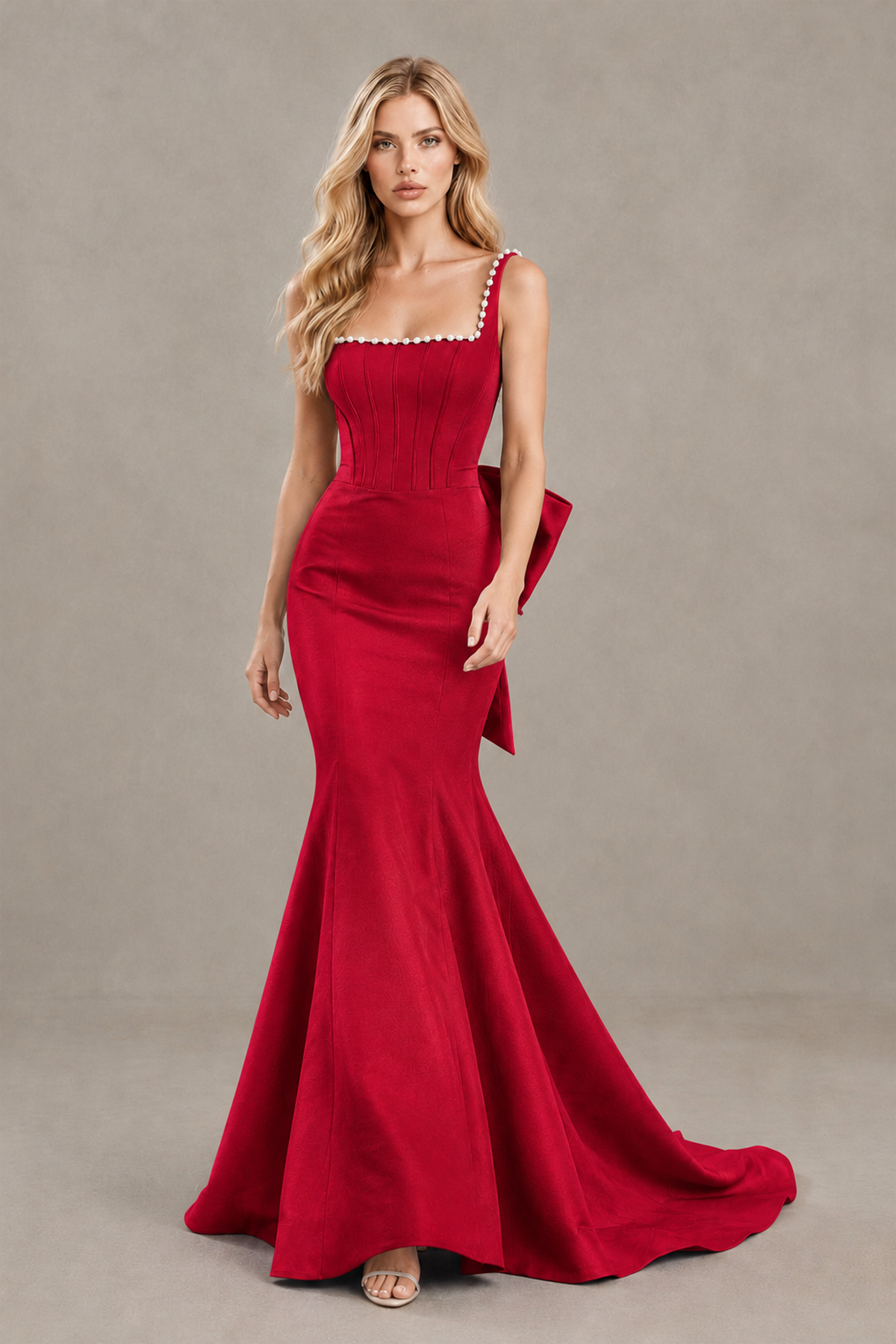 BOLODOO Red Pearl-Trim Mermaid Prom Dress with Back Bow - Red - Red_4