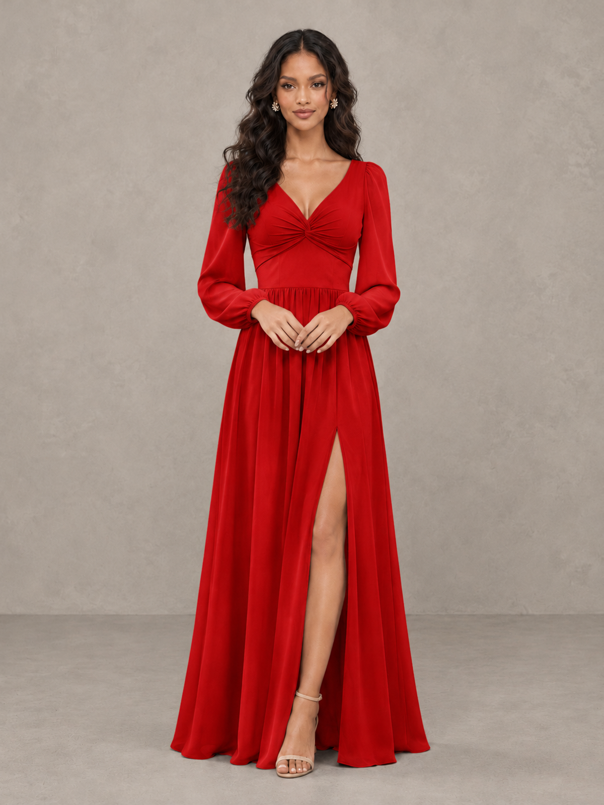 BOLODOO Red V-Neck Long Sleeve Bridesmaid Dress with Tie Back and Slit - Red - Red_5