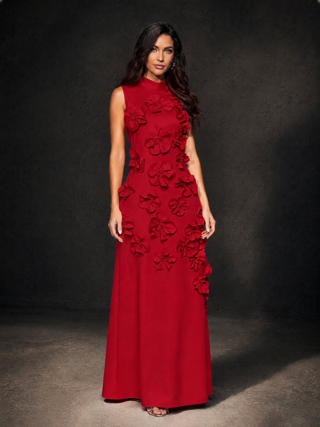 BOLODOO Red Mock Neck Sleeveless 3D Floral Appliqué Maxi Dress with Bow Back - Red