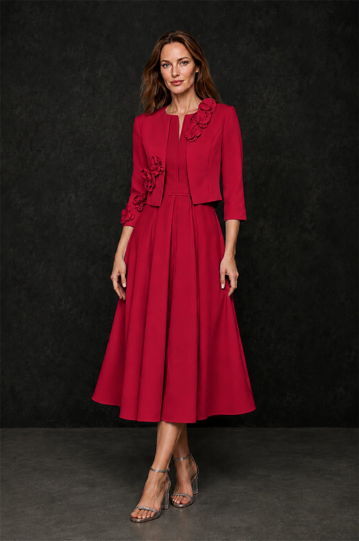 BOLODOO Red 3D Rosette Appliqué 3/4 Sleeve Jacket & V-Notch Sleeveless A-Line Tea-Length Two-Piece Dress Set - Red