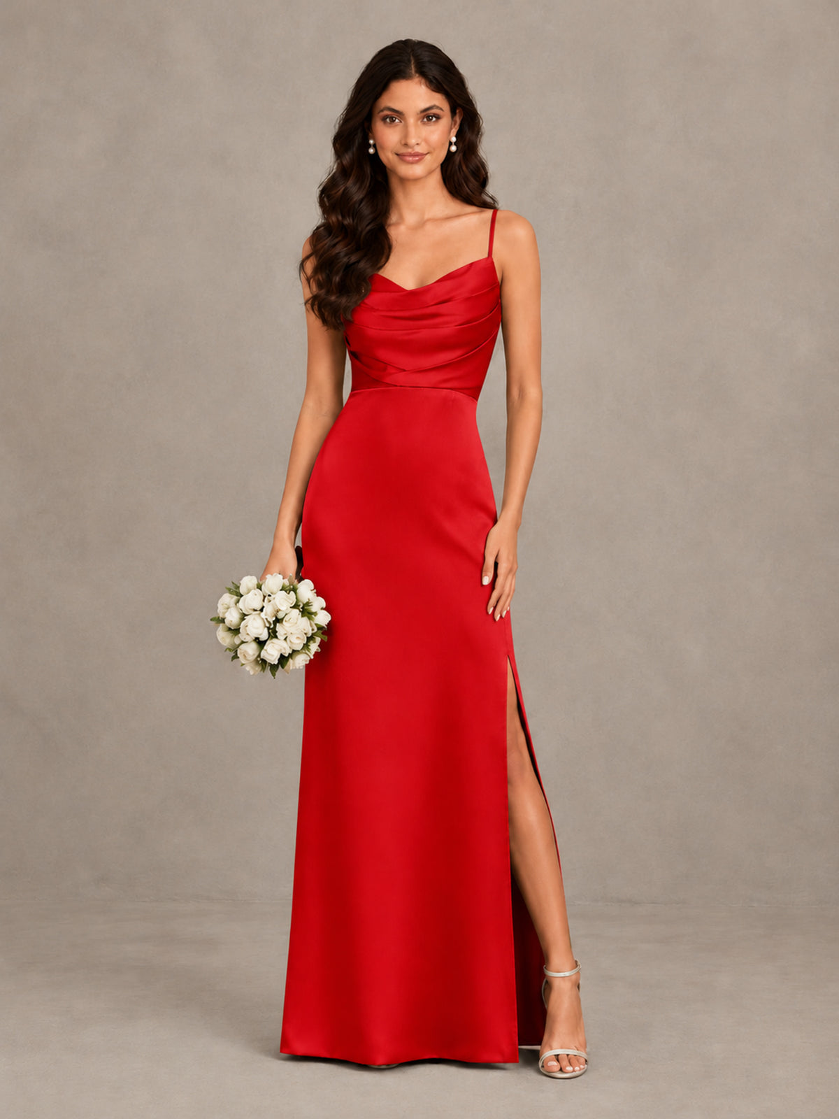 BOLODOO Red Cowl Neck Satin Bridesmaid Dress with Slit - Red - Red (1)