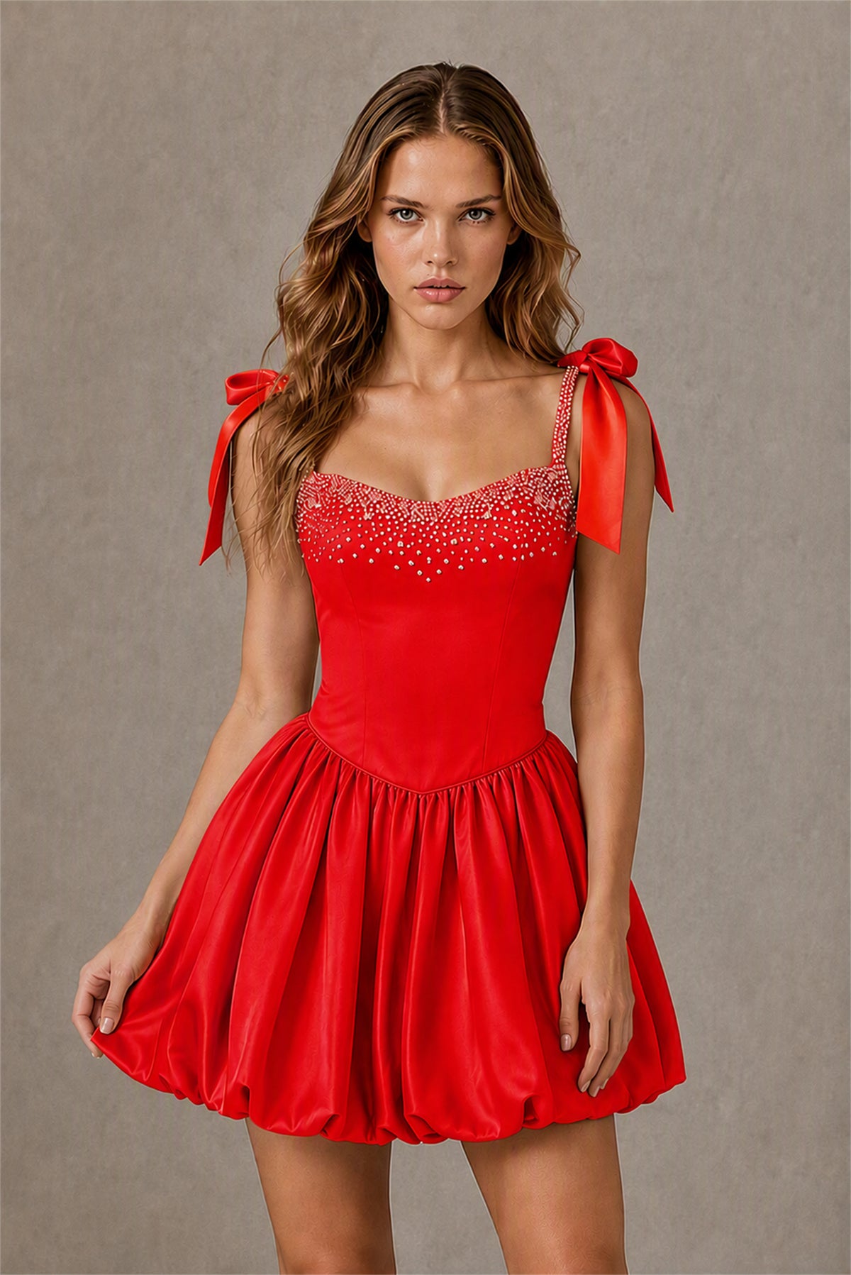 BOLODOO Red Satin Pearl Embellished Sweetheart Bow Strap Bubble Hem Mini Dress | Cocktail Prom Homecoming Dress - Red