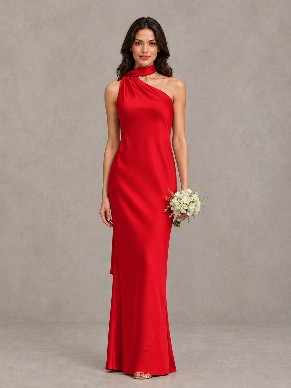 BOLODOO Red Satin One-Shoulder Bridesmaid Dress with Open Back - Red - Red (1)