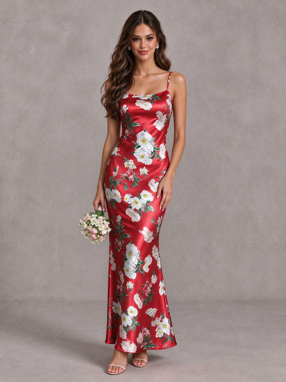 BOLODOO Red Floral Satin Bridesmaid Dress with Cowl Back - Red - Red (1)