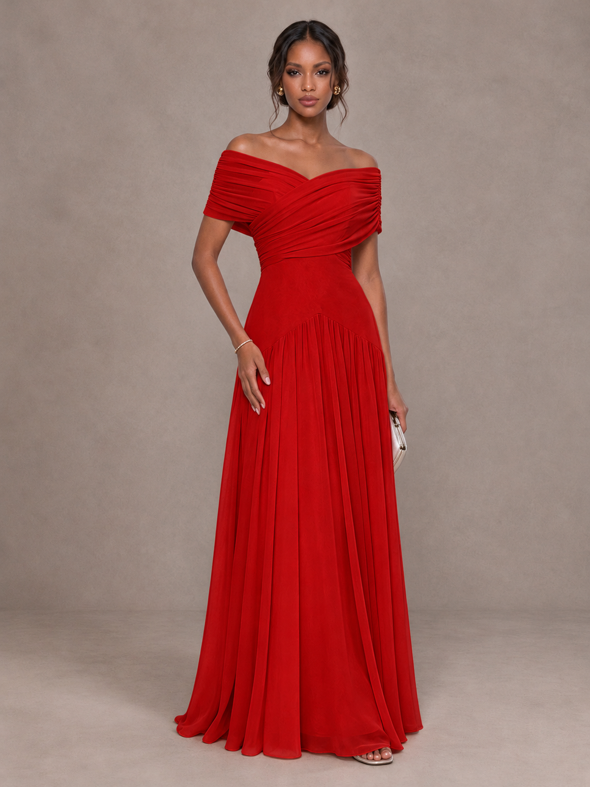 BOLODOO Red Off-Shoulder Ruched A-Line Bridesmaid Dress - Red - Red (1)