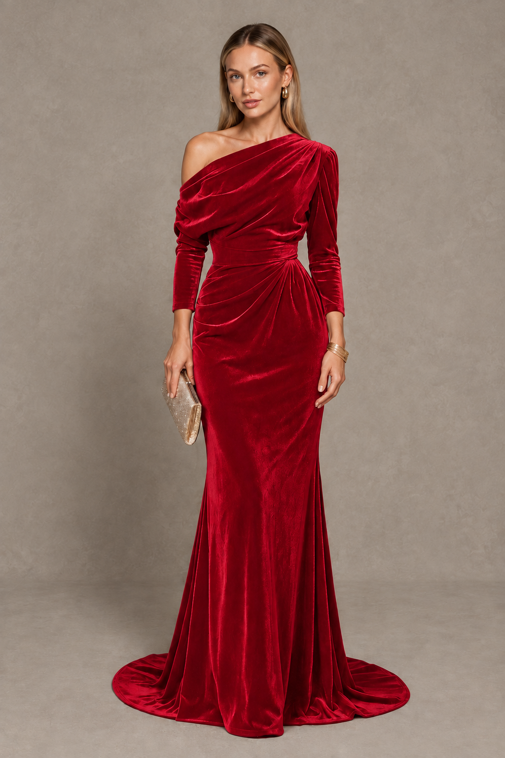 BOLODOO Red Velvet One-Shoulder Long Sleeve Evening Gown - Red