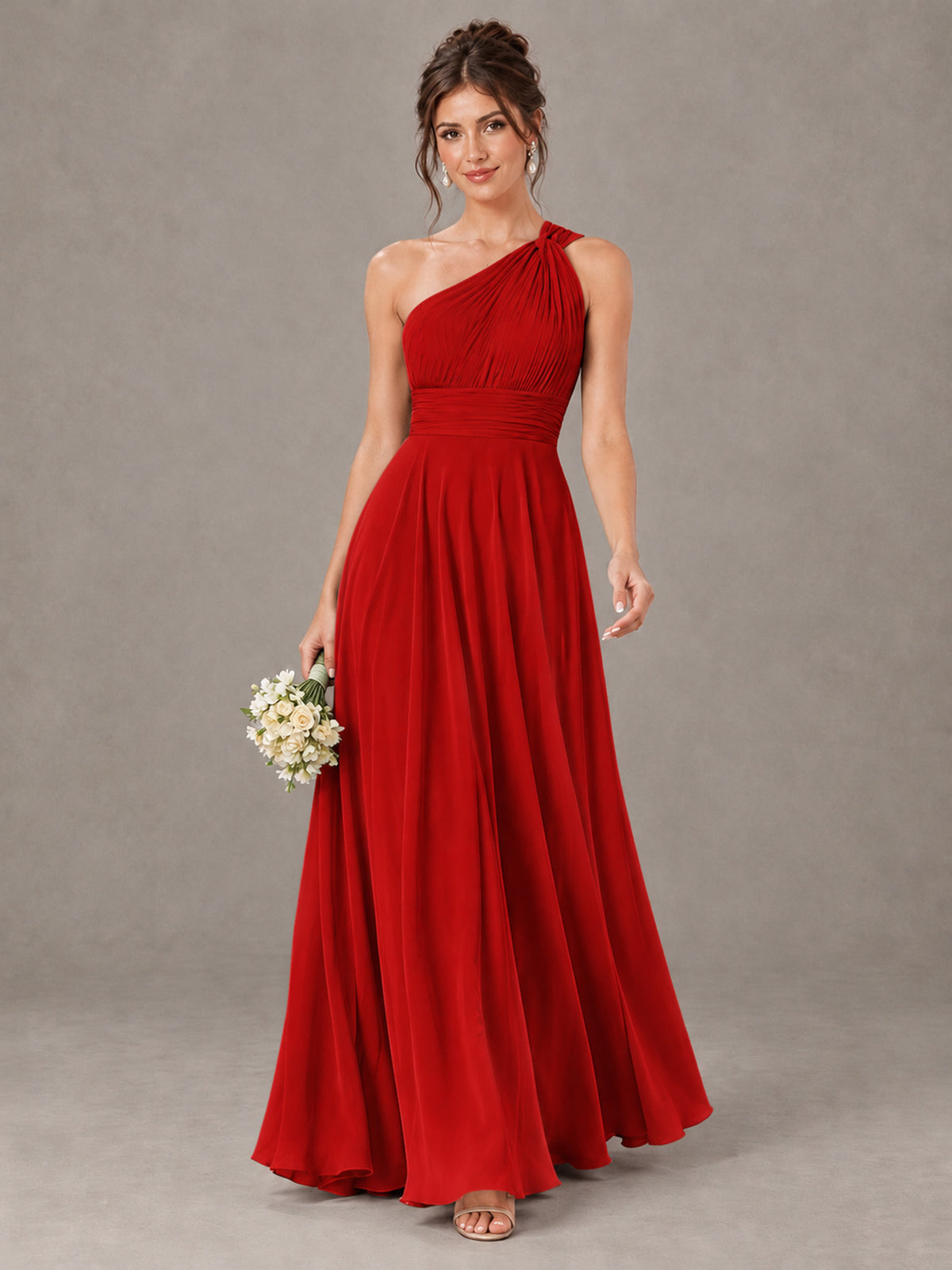 BOLODOO Red One-Shoulder Chiffon-Look Bridesmaid Dress - Red - Red (1)